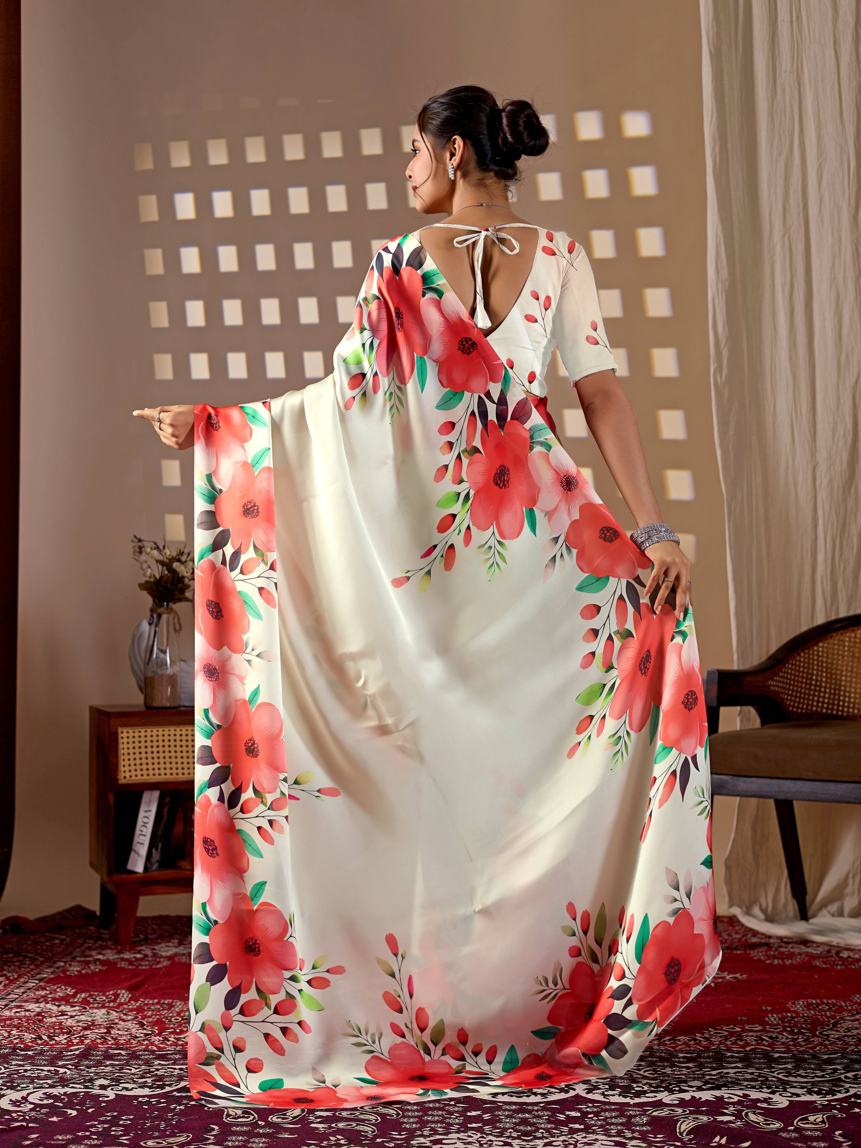 Aastha Fashion Cream Soft Satin Georgette Printed Saree