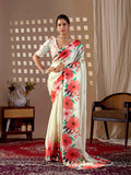 Aastha Fashion Cream Soft Satin Georgette Printed Saree