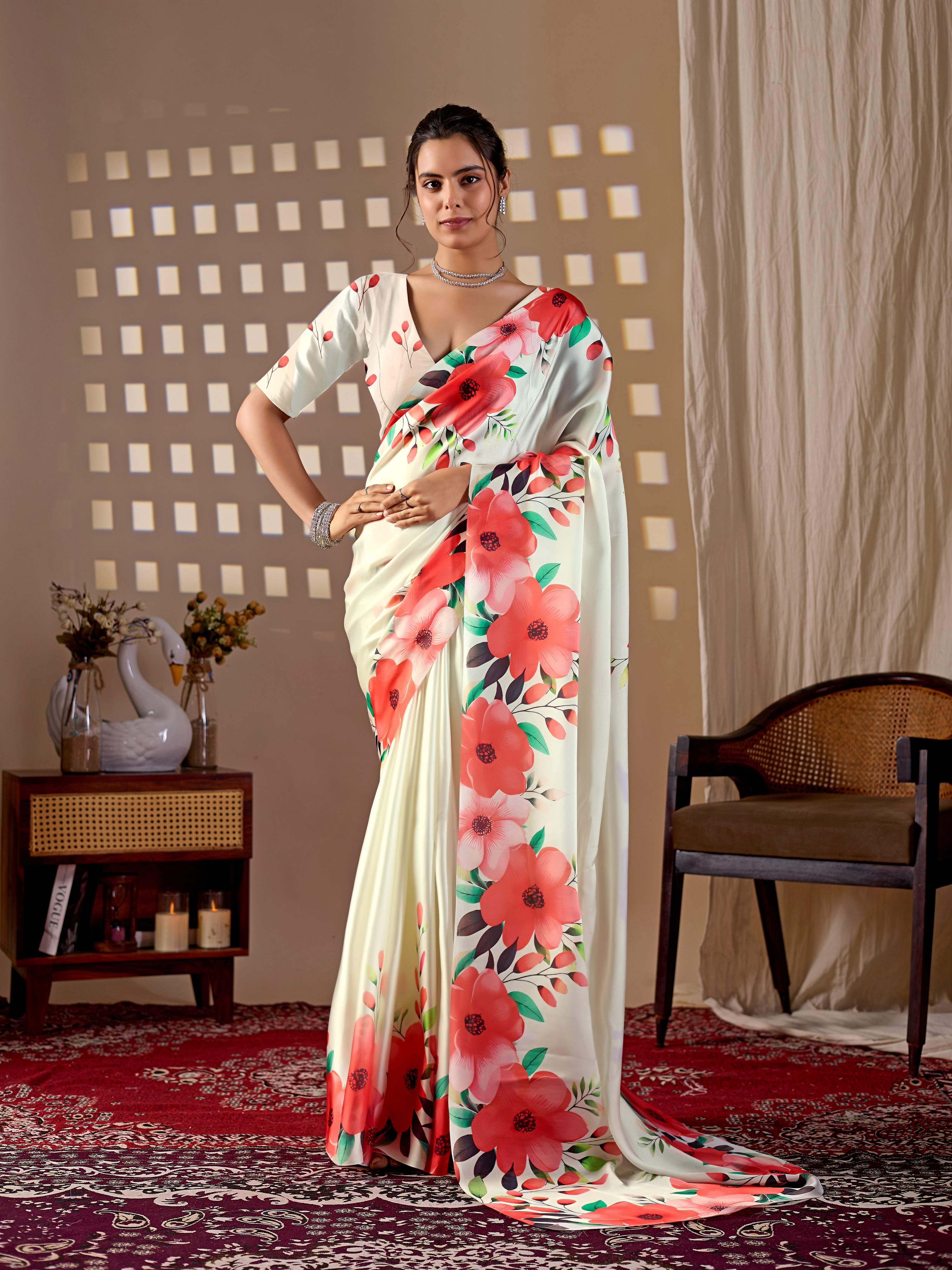 Aastha Fashion Cream Soft Satin Georgette Printed Saree