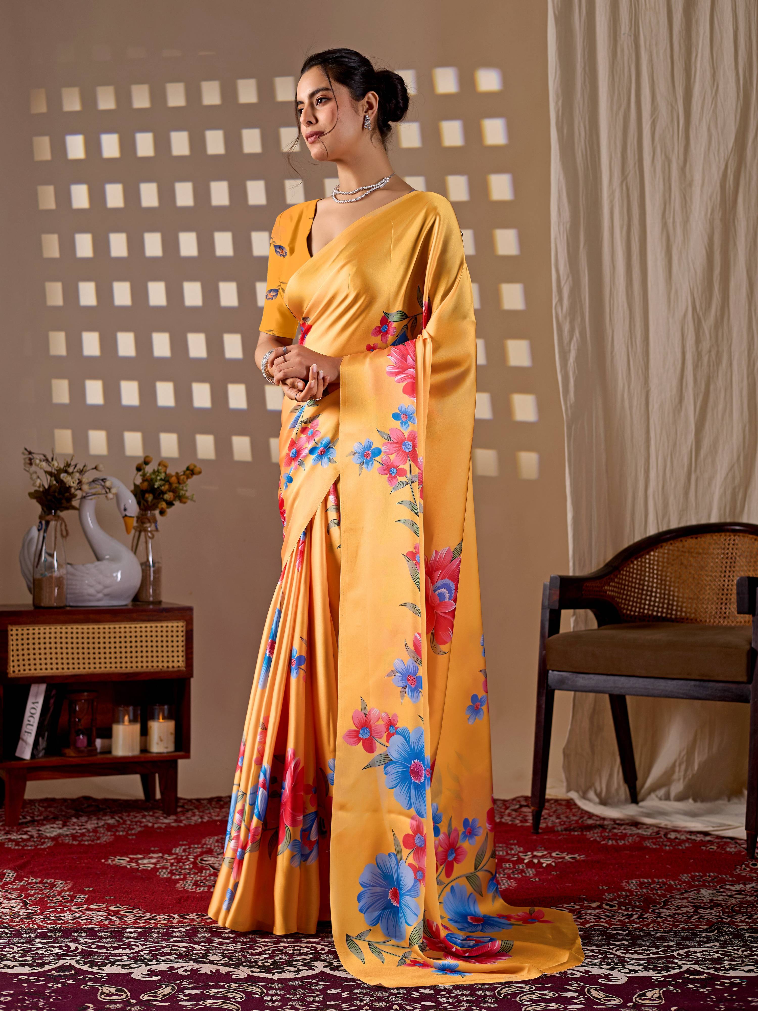 Aastha Fashion Yellow Soft Satin Georgette Printed Saree
