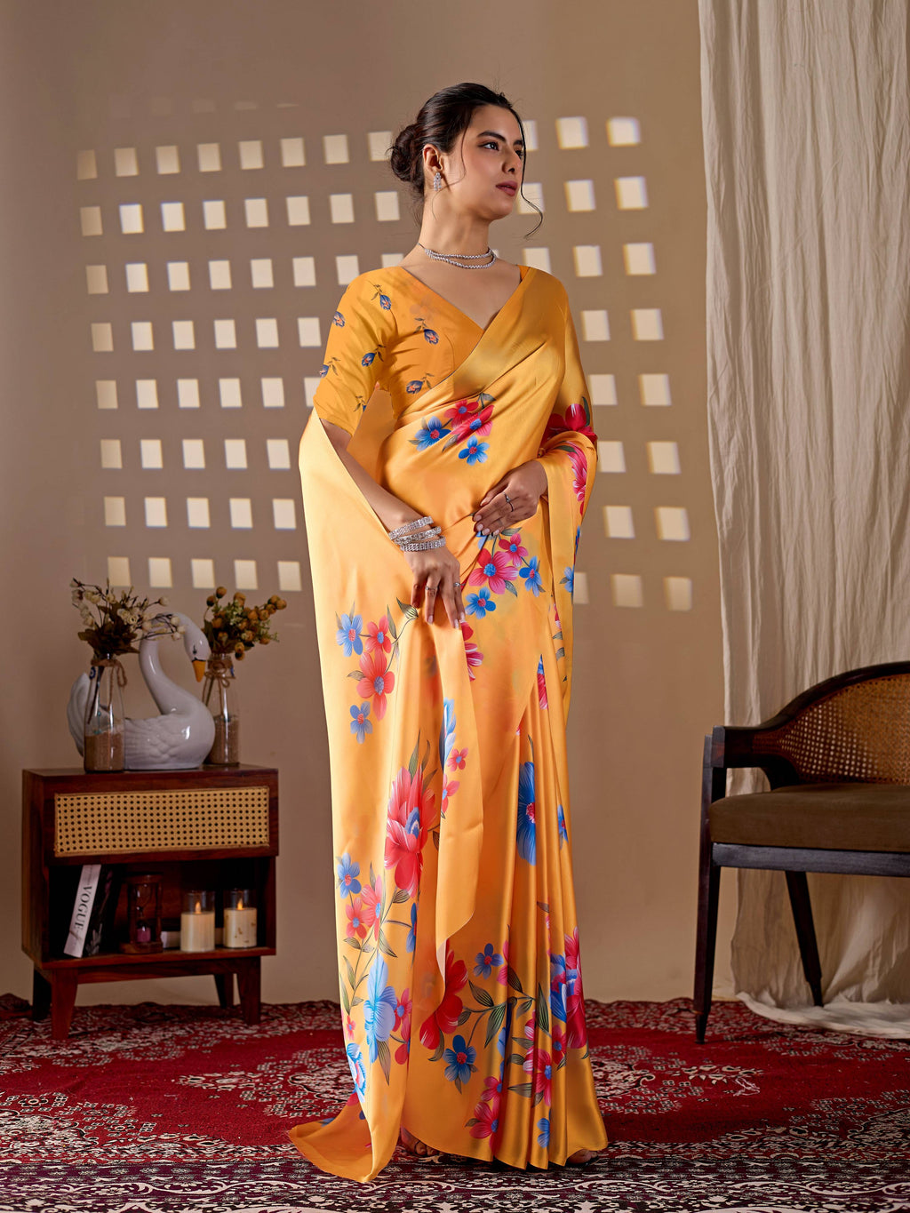 Aastha Fashion Yellow Soft Satin Georgette Printed Saree