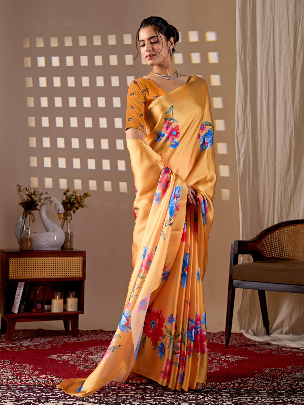 Aastha Fashion Yellow Soft Satin Georgette Printed Saree