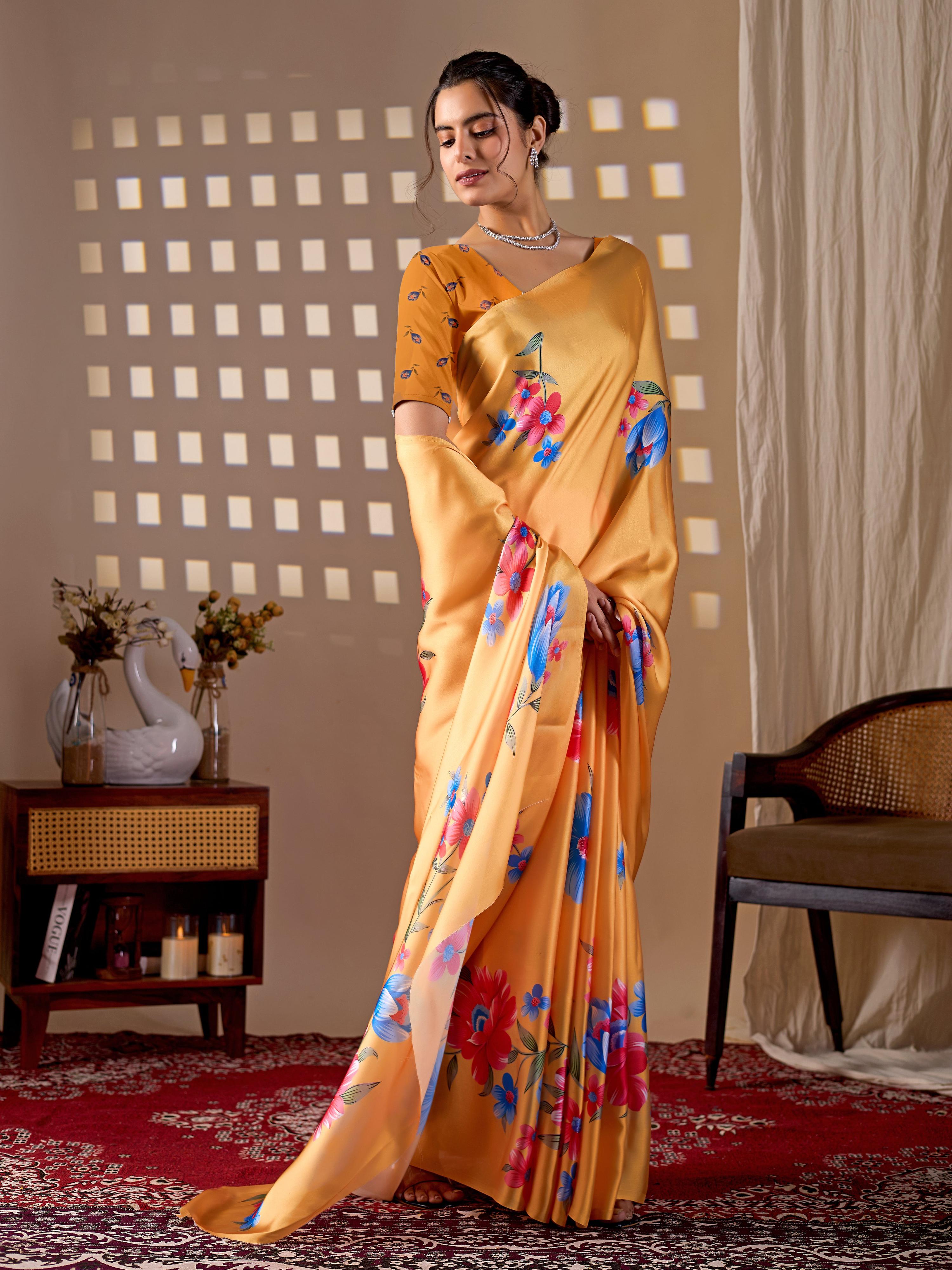 Aastha Fashion Yellow Soft Satin Georgette Printed Saree