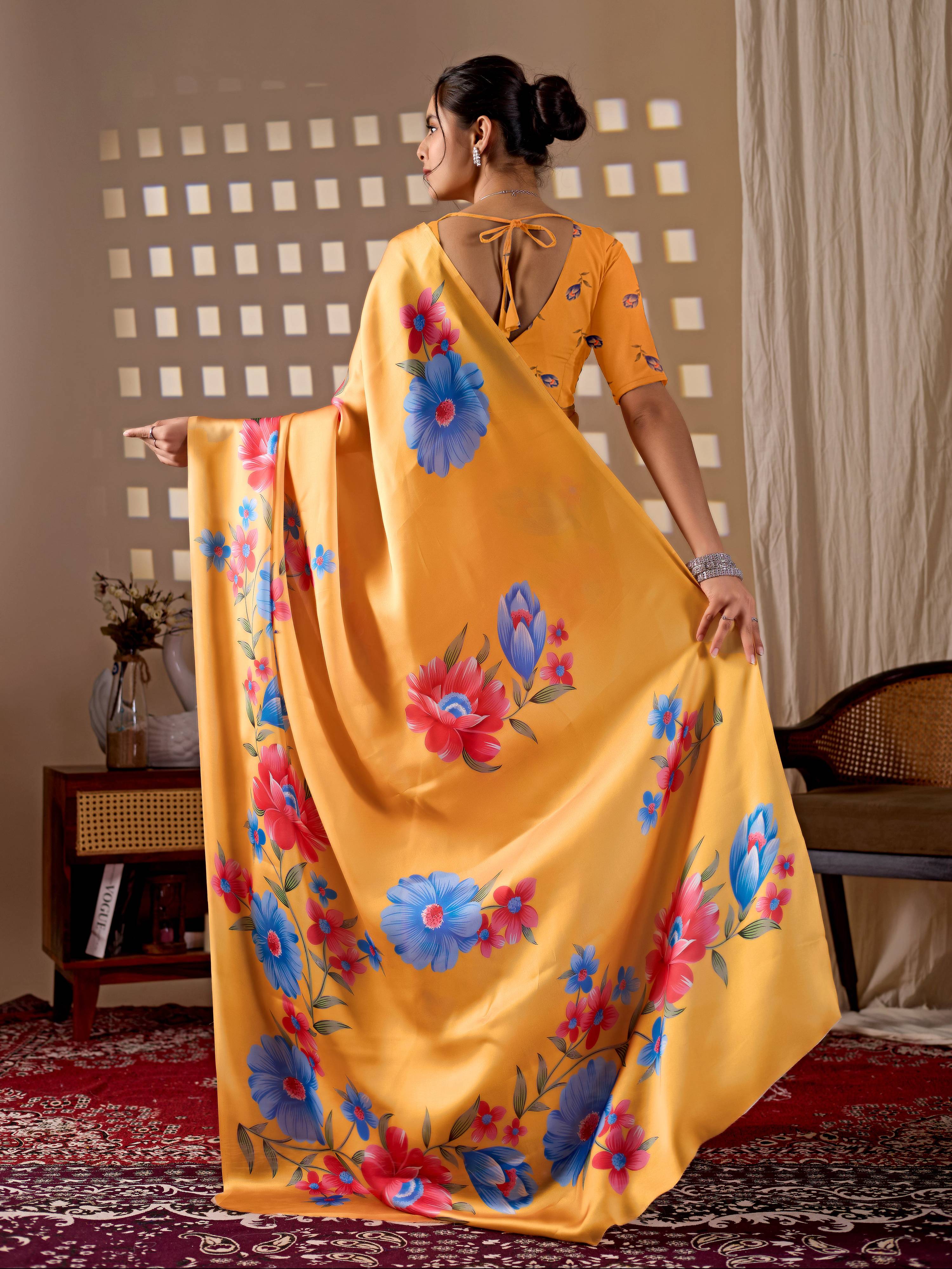 Aastha Fashion Yellow Soft Satin Georgette Printed Saree