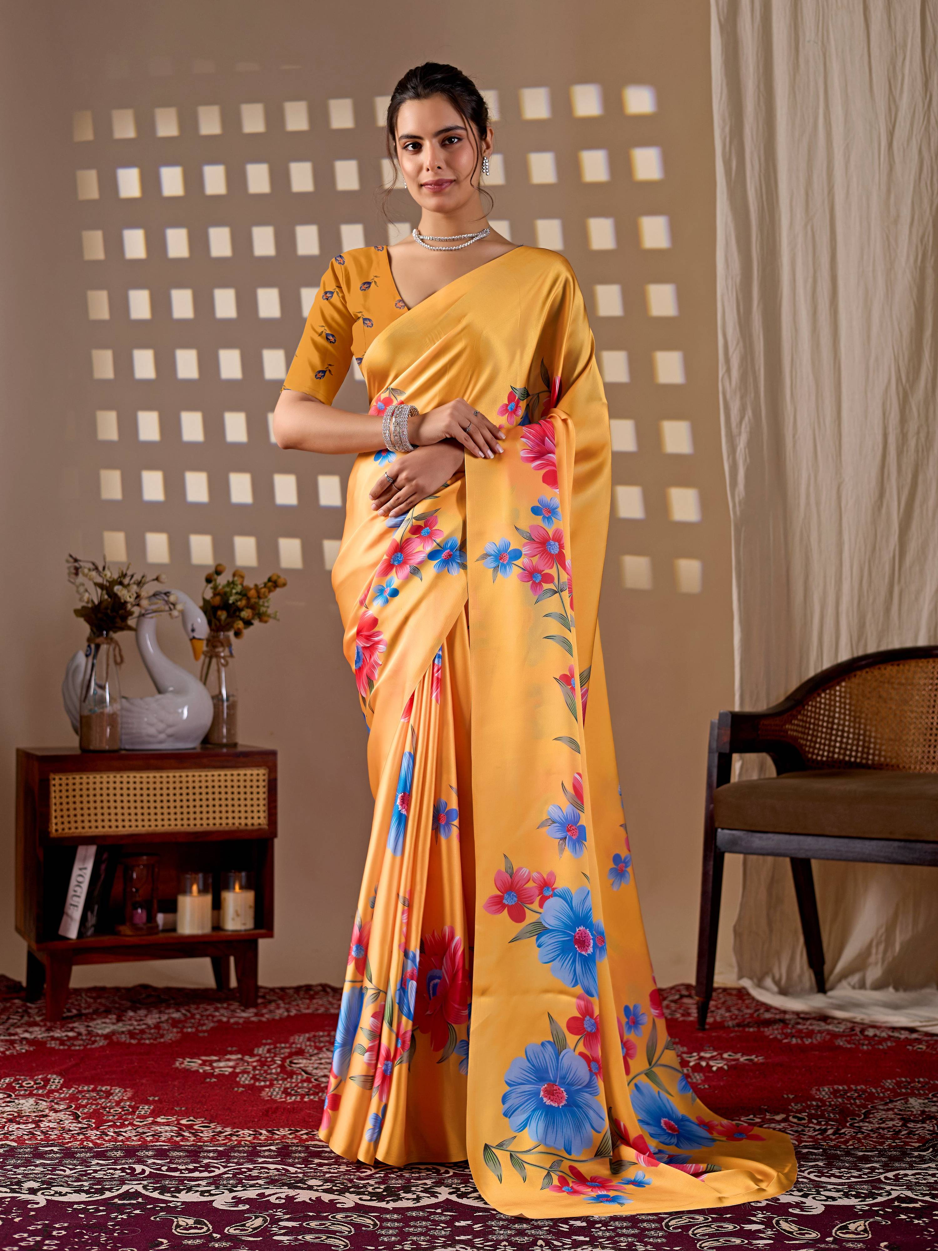Aastha Fashion Yellow Soft Satin Georgette Printed Saree