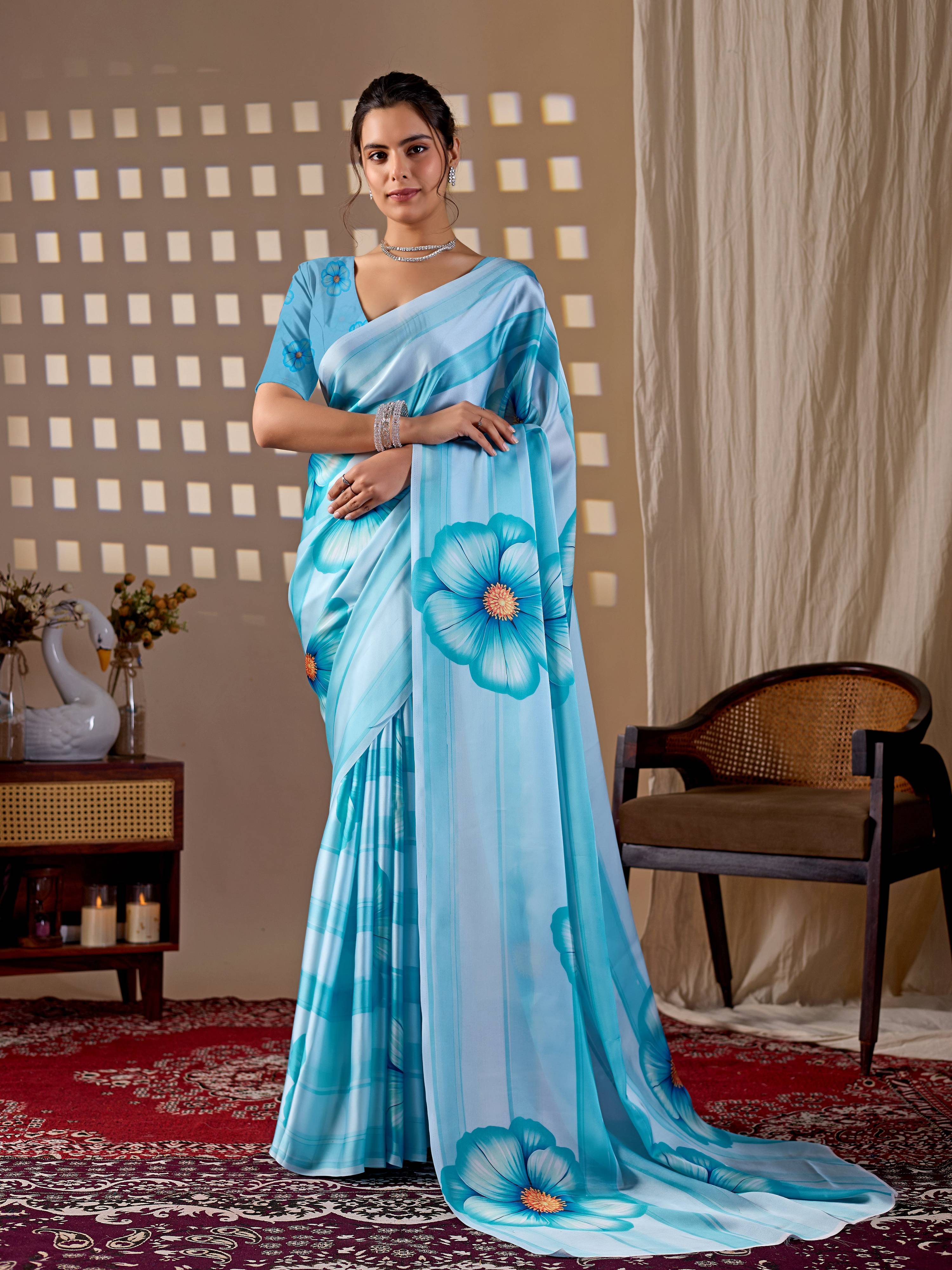 Aastha Fashion Sky Soft Satin Georgette Printed Saree