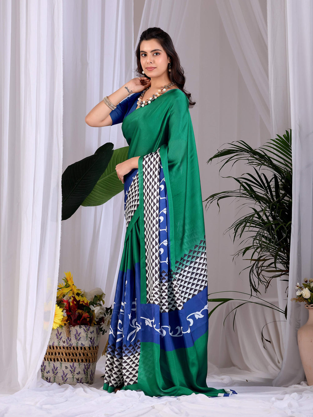 Aastha Fashion Green Soft Satin Georgette Printed Saree