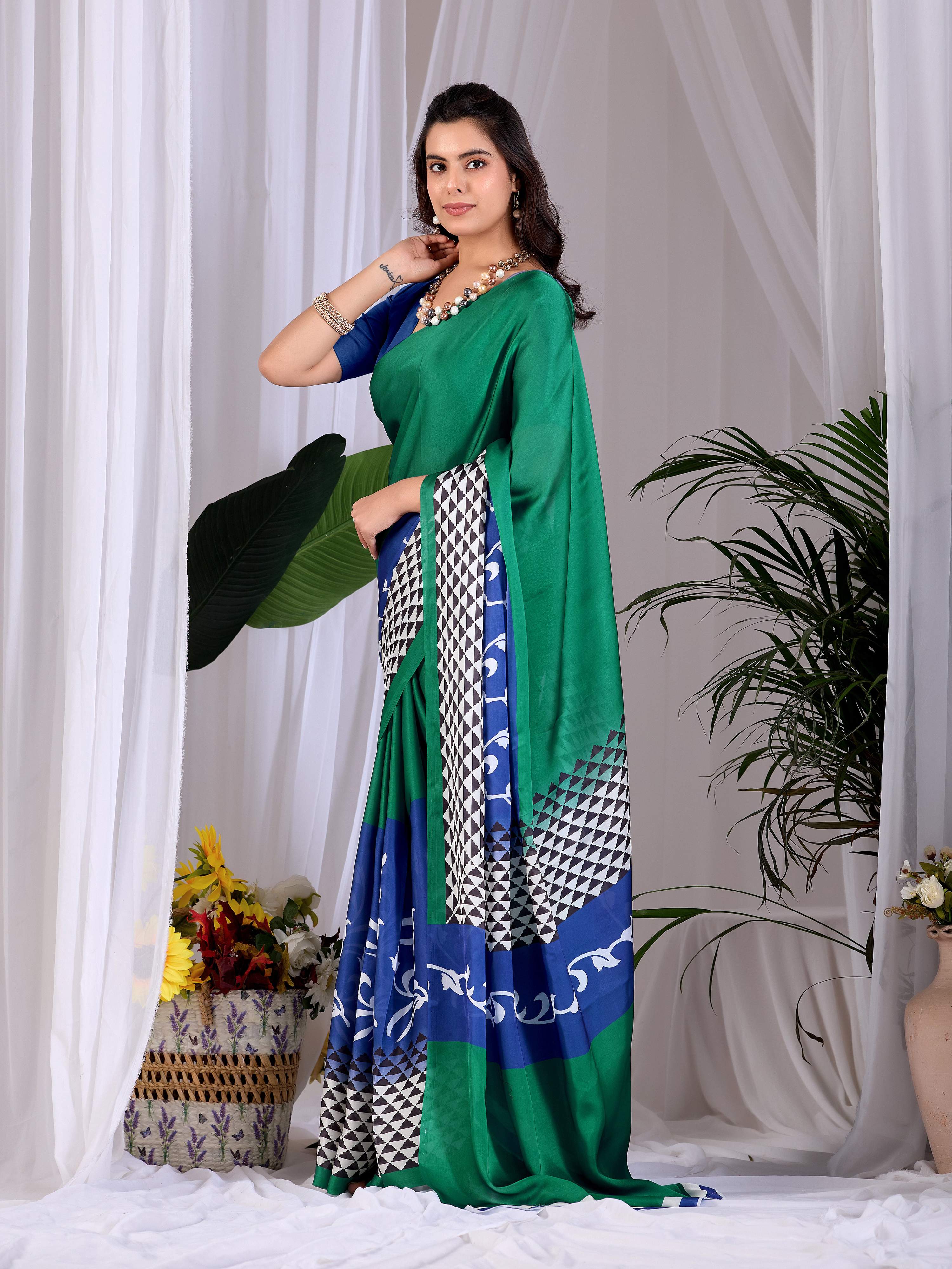 Aastha Fashion Green Soft Satin Georgette Printed Saree