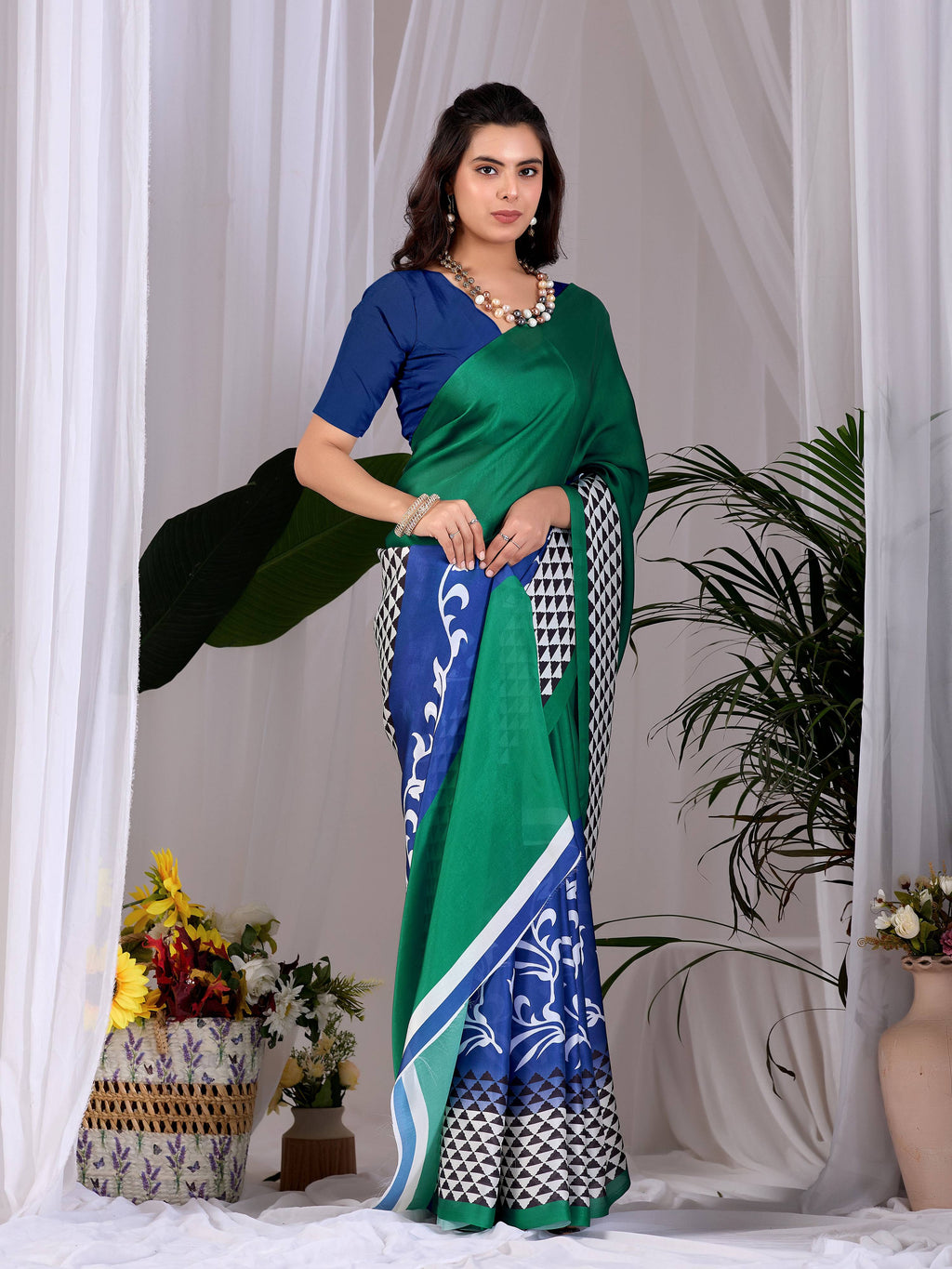 Aastha Fashion Green Soft Satin Georgette Printed Saree