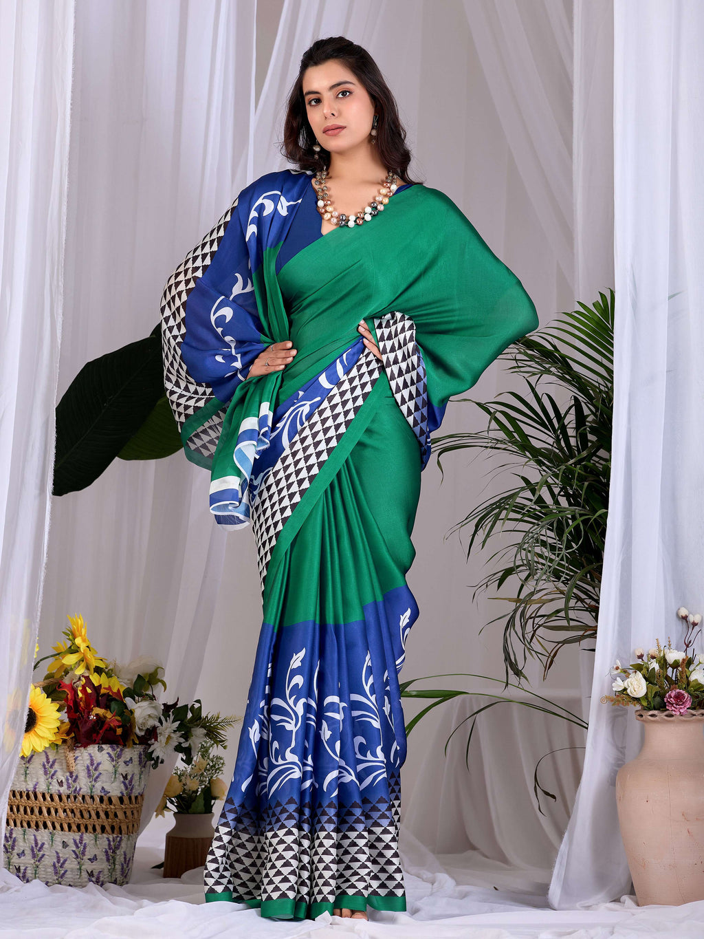 Aastha Fashion Green Soft Satin Georgette Printed Saree