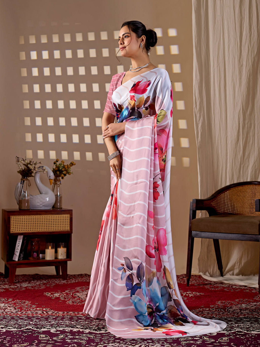 Aastha Fashion Peach Soft Satin Georgette Printed Saree