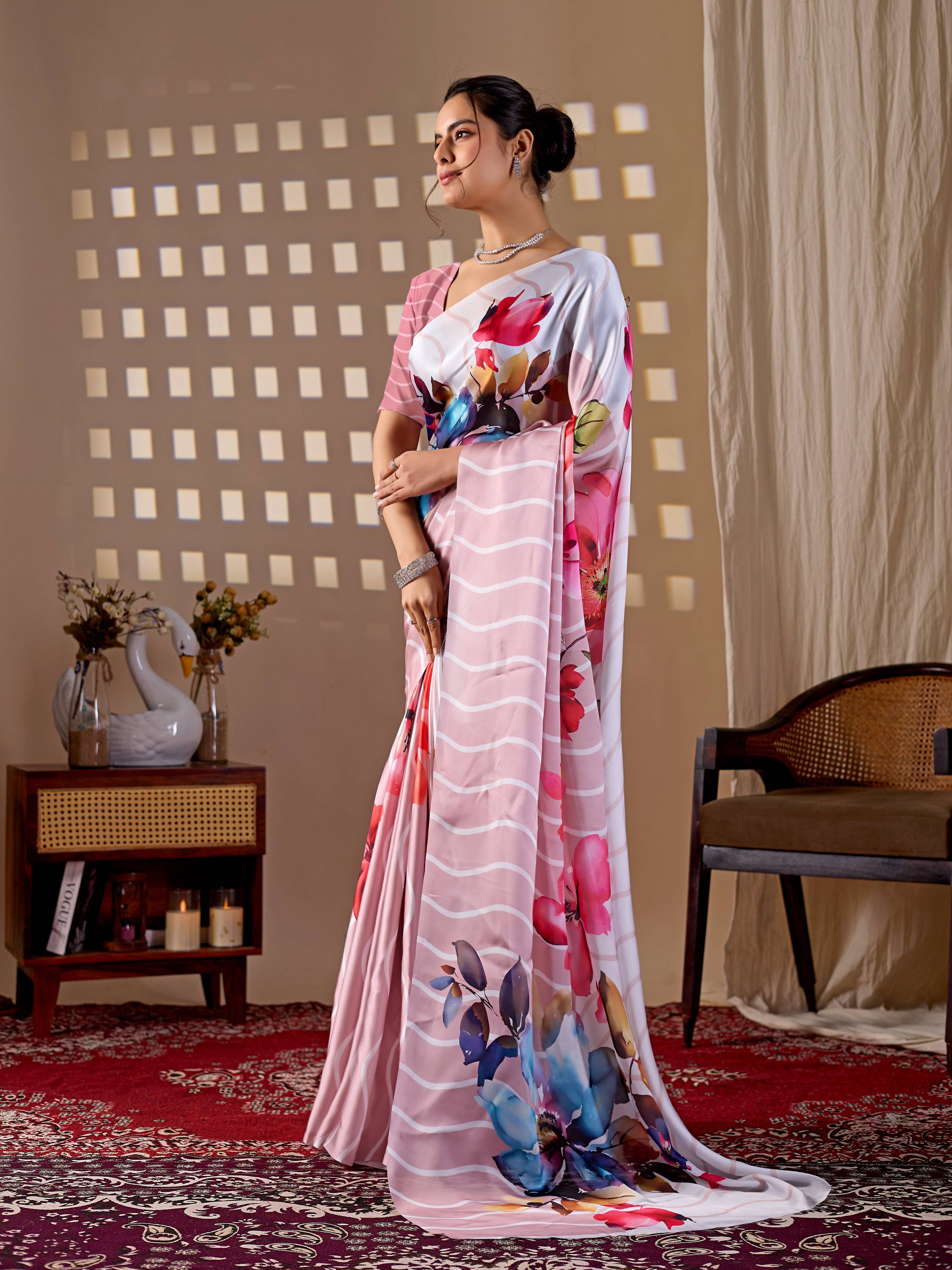 Aastha Fashion Peach Soft Satin Georgette Printed Saree