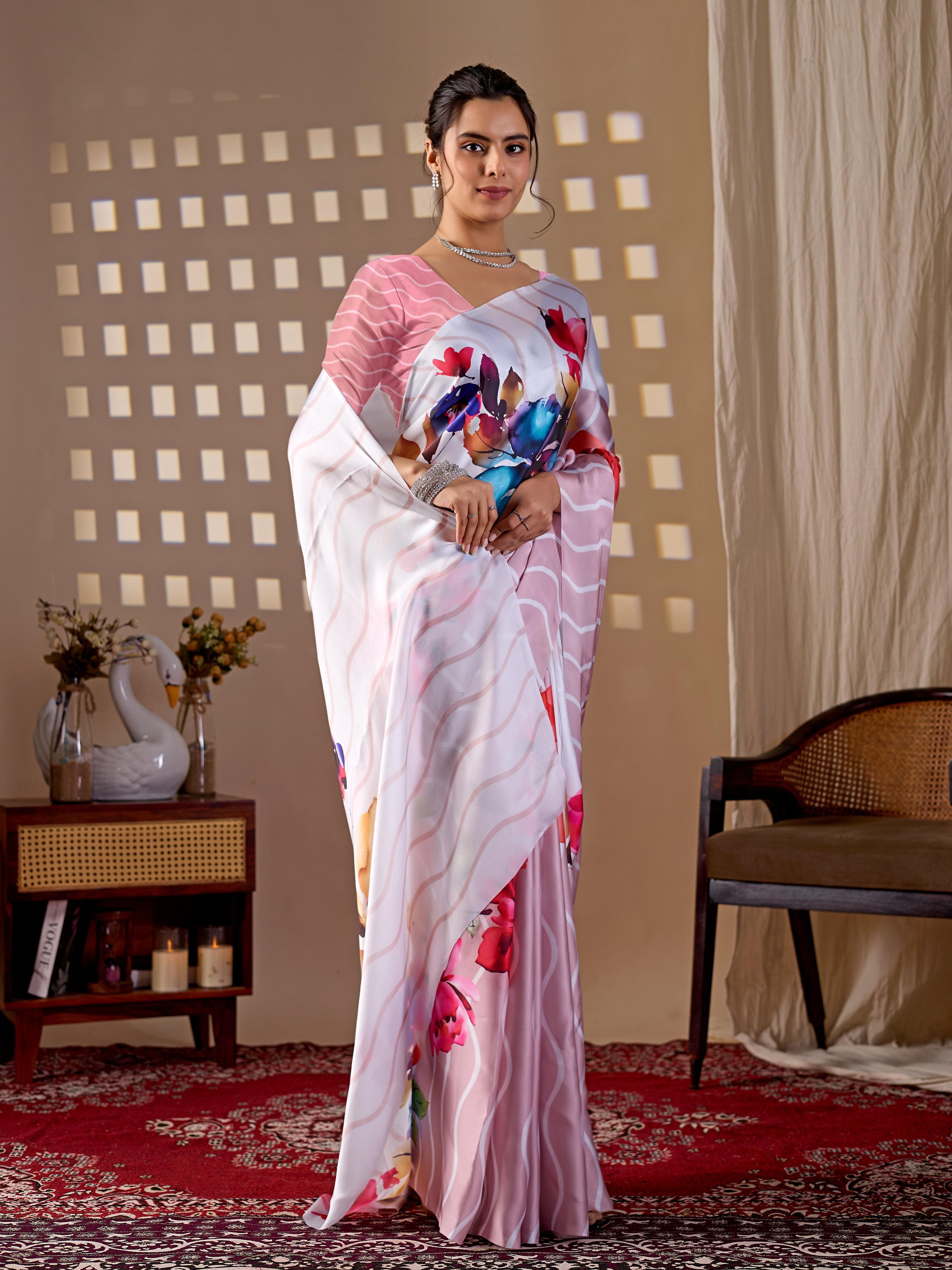 Aastha Fashion Peach Soft Satin Georgette Printed Saree