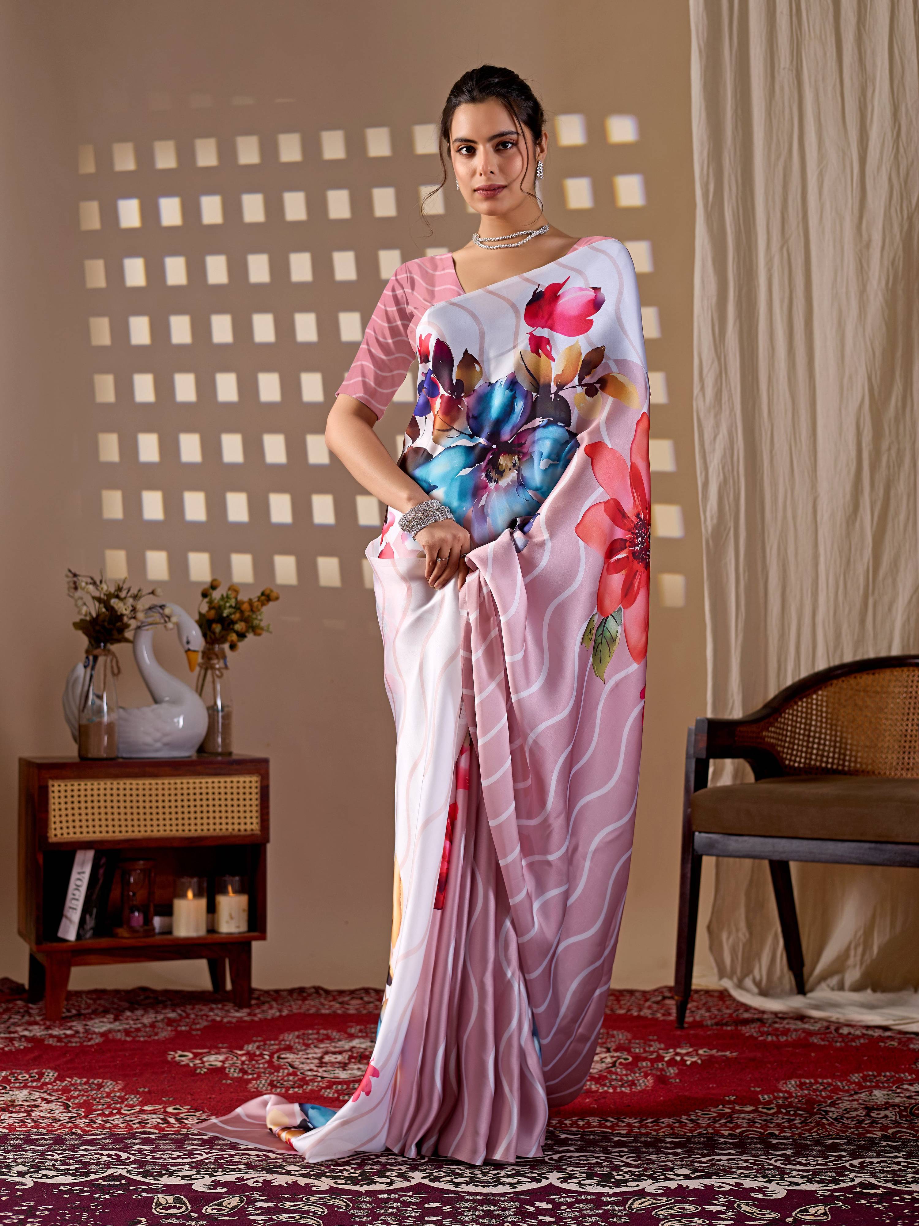 Aastha Fashion Peach Soft Satin Georgette Printed Saree