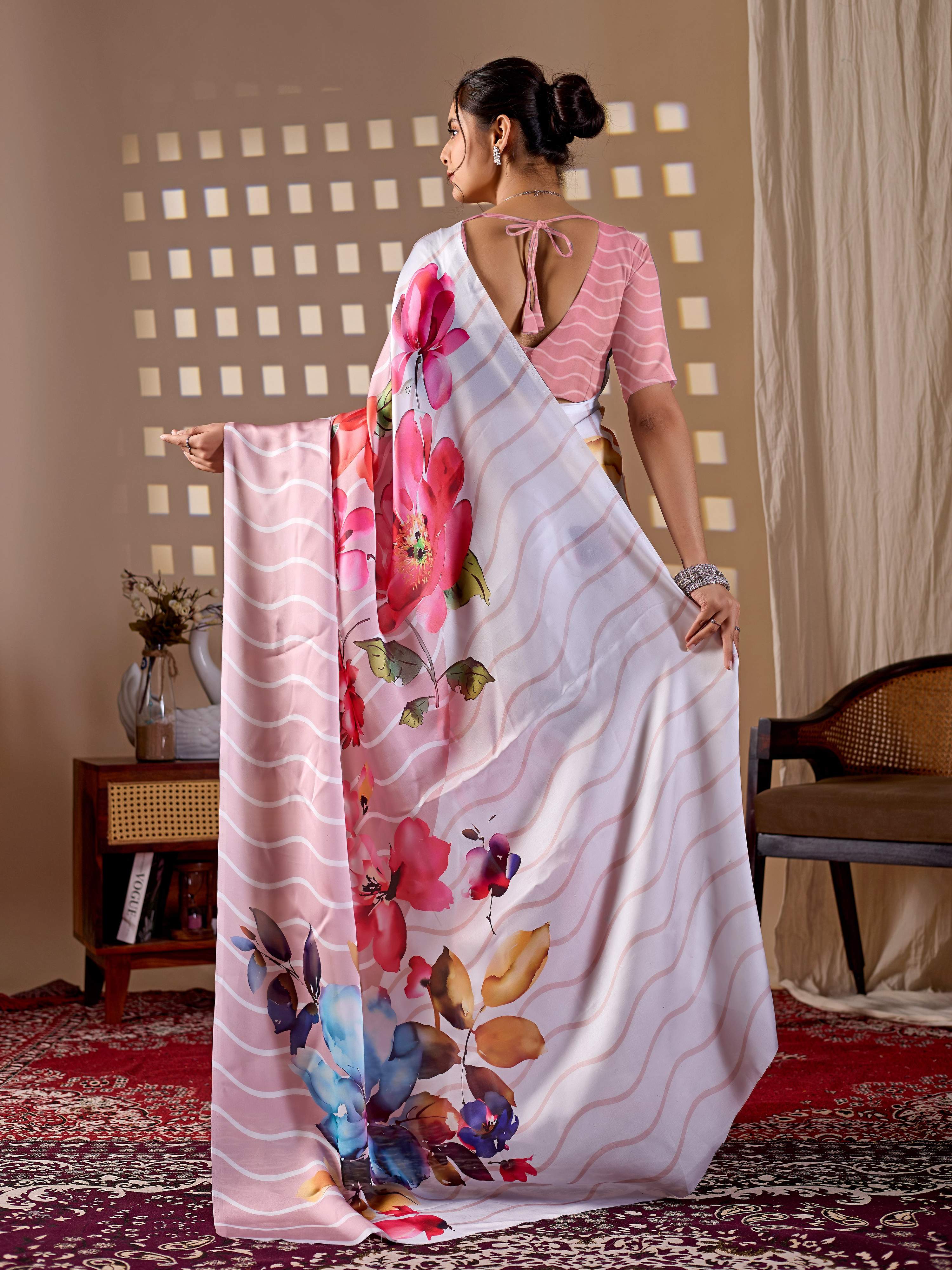 Aastha Fashion Peach Soft Satin Georgette Printed Saree