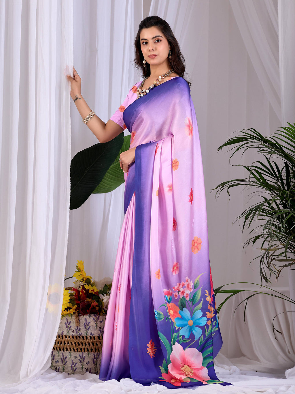 Aastha Fashion Pink Soft Satin Georgette Printed Saree