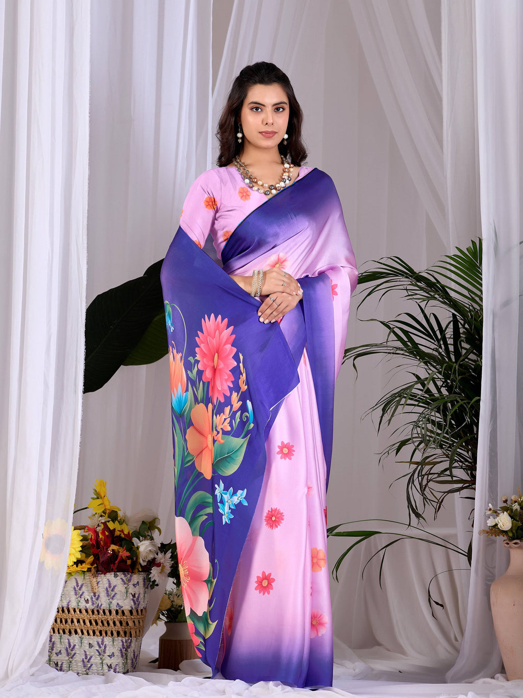Aastha Fashion Pink Soft Satin Georgette Printed Saree