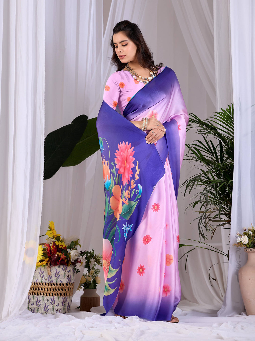 Aastha Fashion Pink Soft Satin Georgette Printed Saree