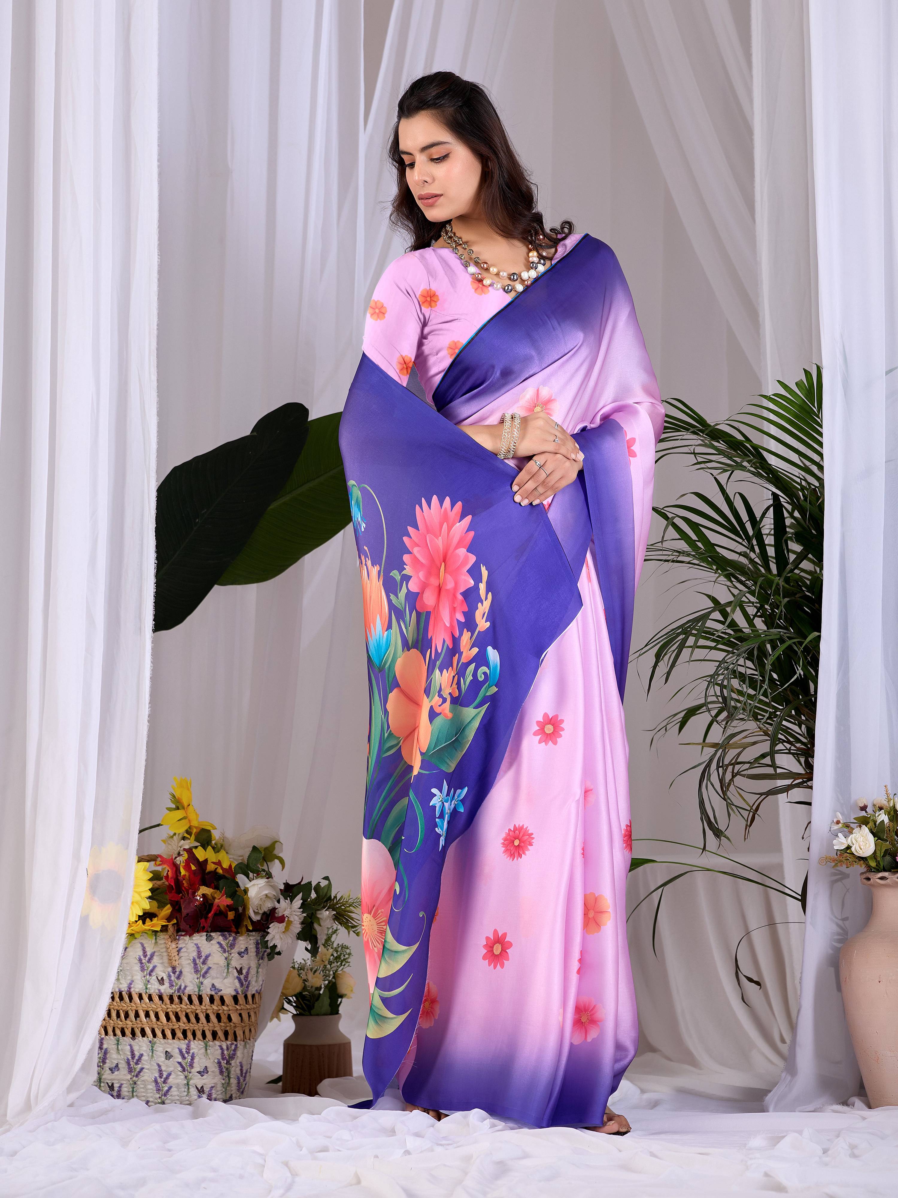 Aastha Fashion Pink Soft Satin Georgette Printed Saree