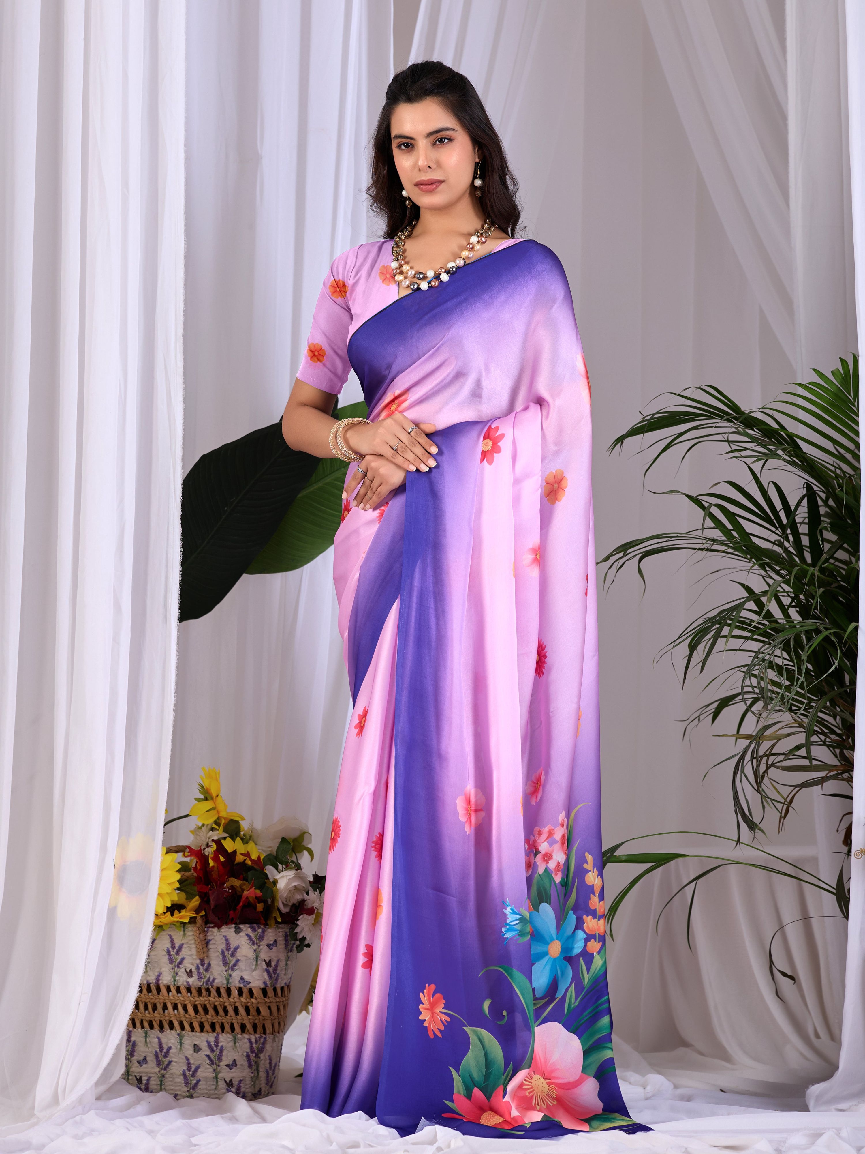 Aastha Fashion Pink Soft Satin Georgette Printed Saree