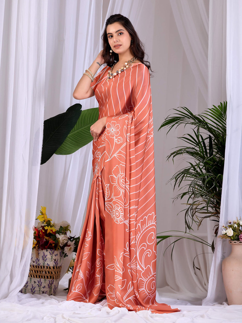 Aastha Fashion Rust Soft Satin Georgette Printed Saree