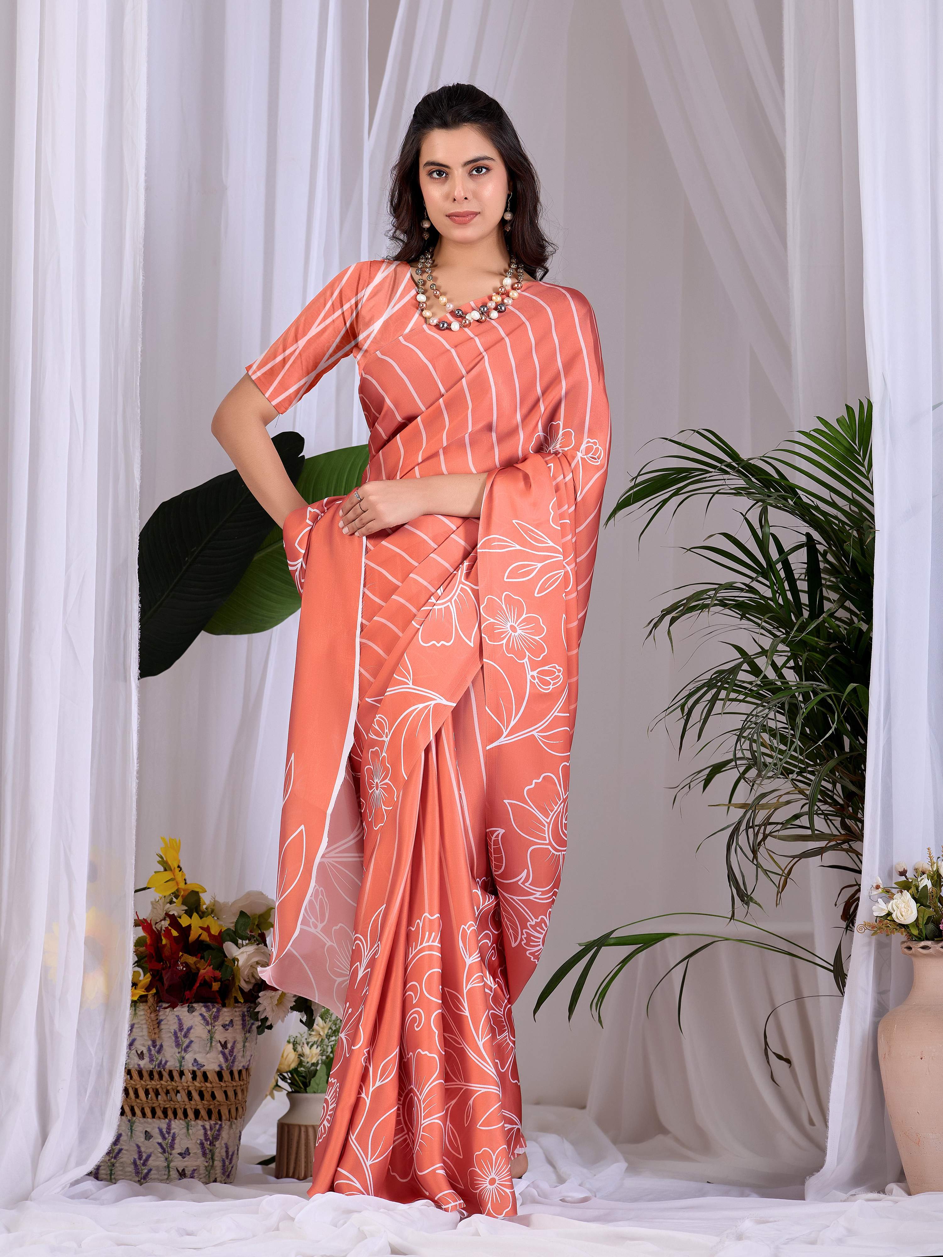 Aastha Fashion Rust Soft Satin Georgette Printed Saree