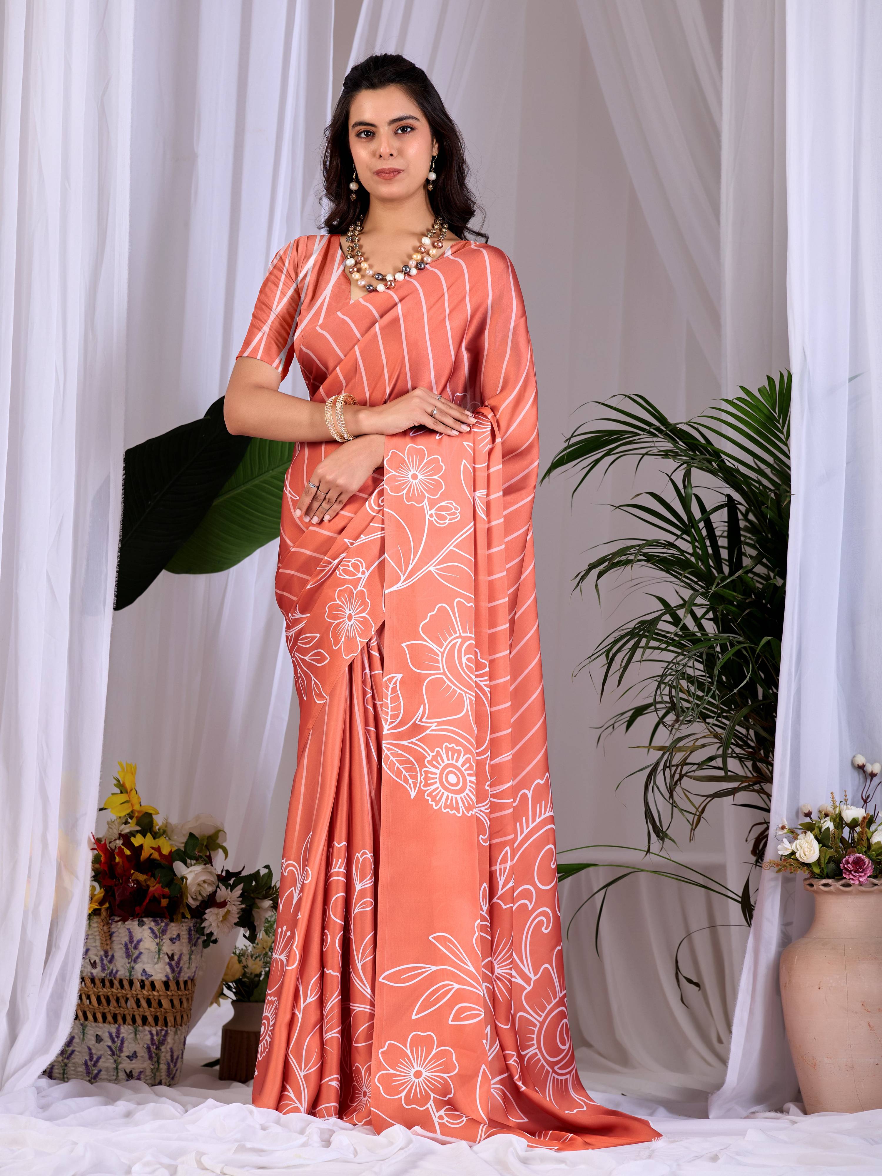 Aastha Fashion Rust Soft Satin Georgette Printed Saree