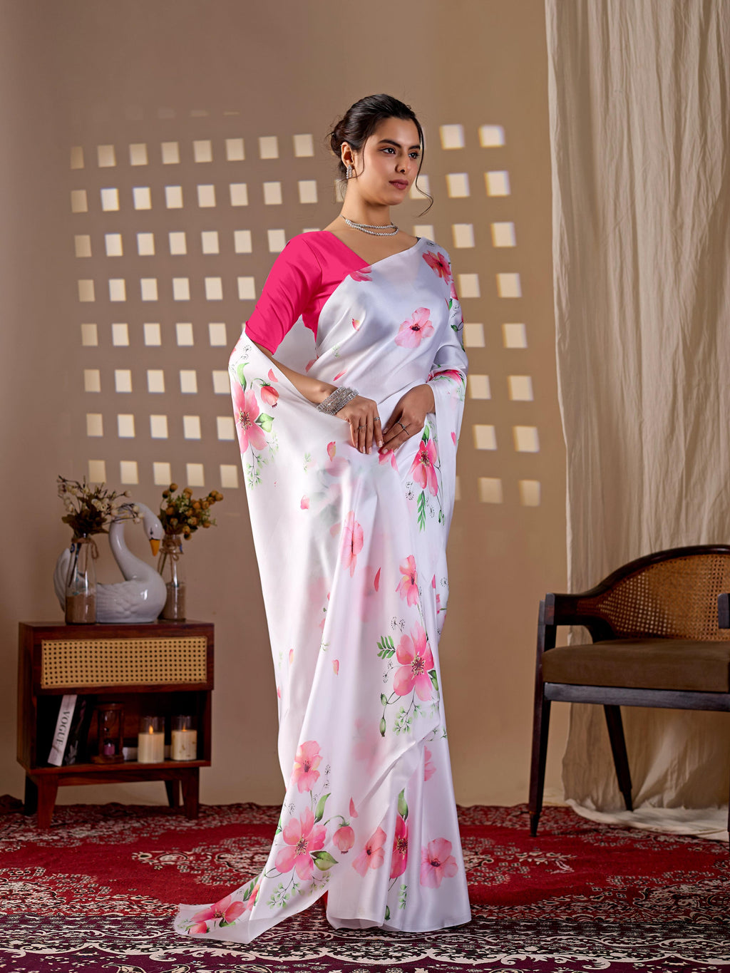 Aastha Fashion White Soft Satin Georgette Printed Saree