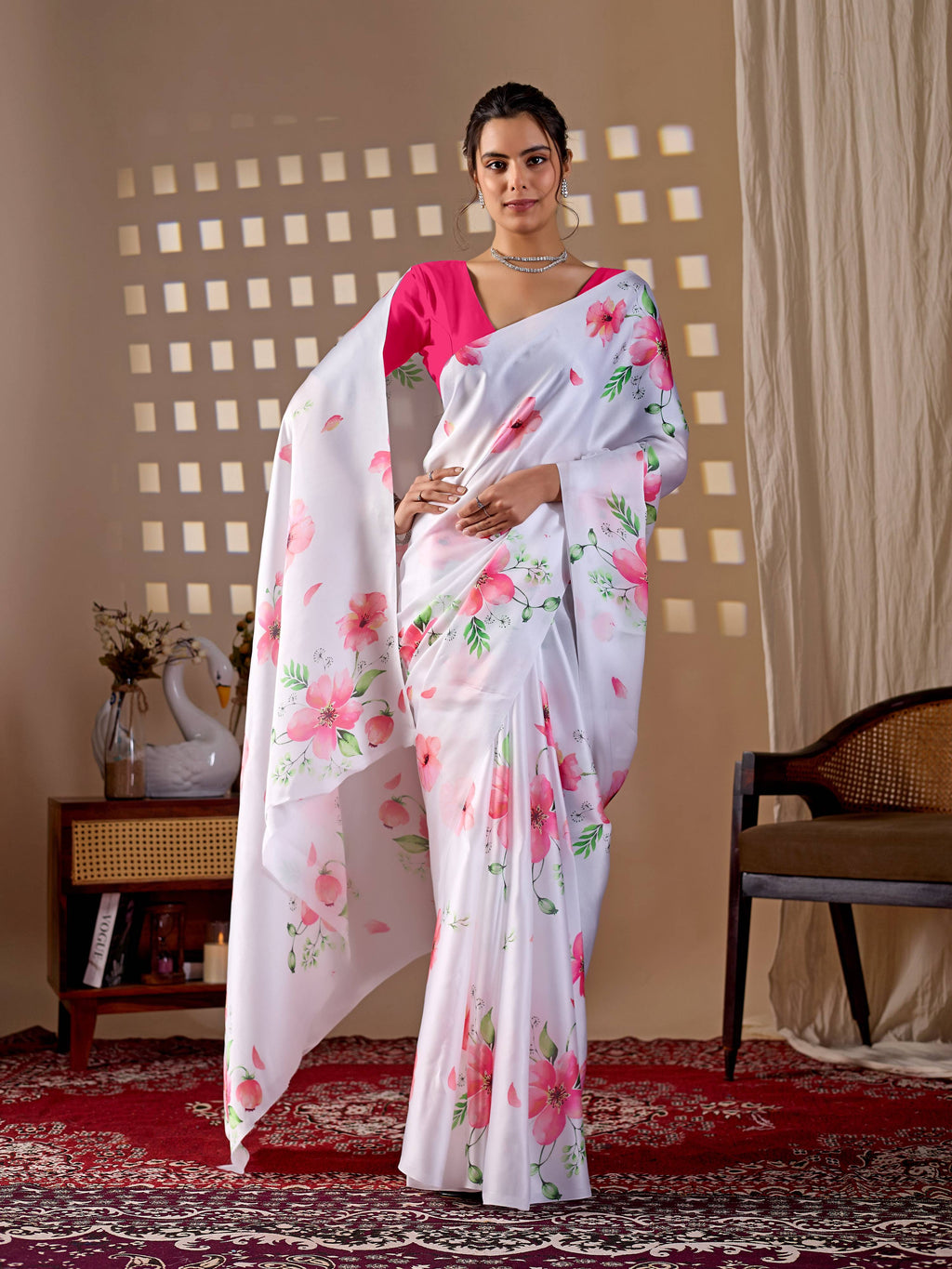 Aastha Fashion White Soft Satin Georgette Printed Saree