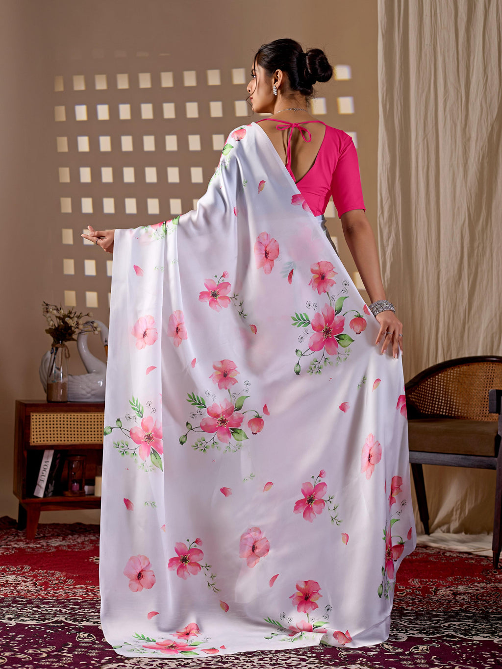 Aastha Fashion White Soft Satin Georgette Printed Saree