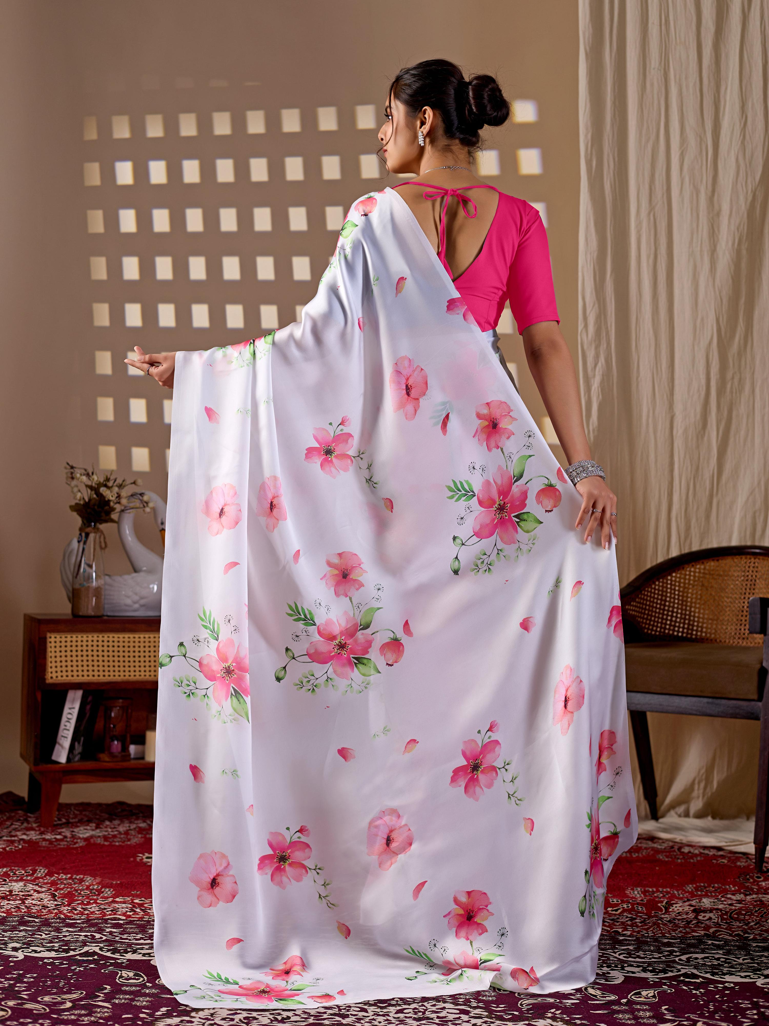 Aastha Fashion White Soft Satin Georgette Printed Saree