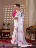 Aastha Fashion White Soft Satin Georgette Printed Saree