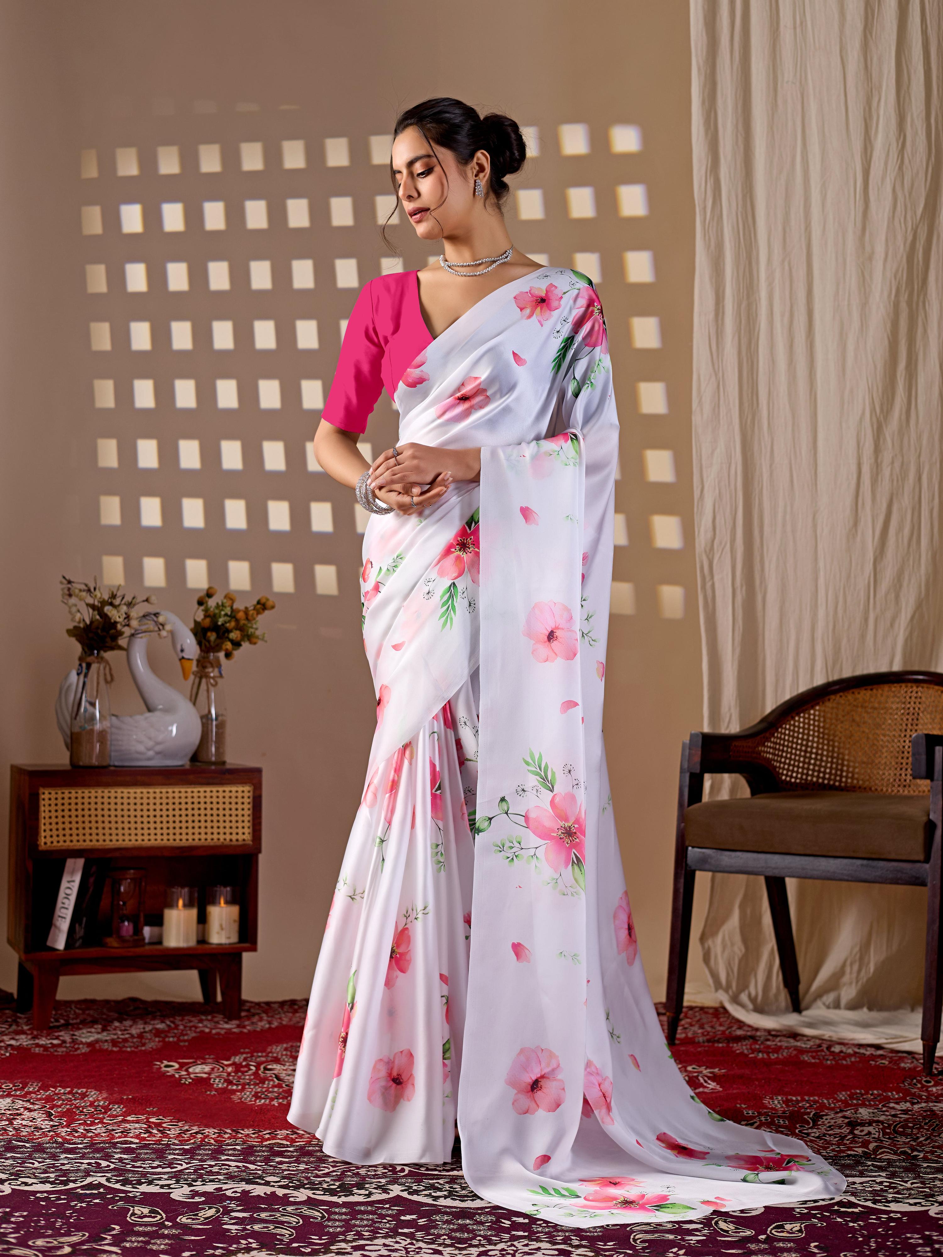 Aastha Fashion White Soft Satin Georgette Printed Saree