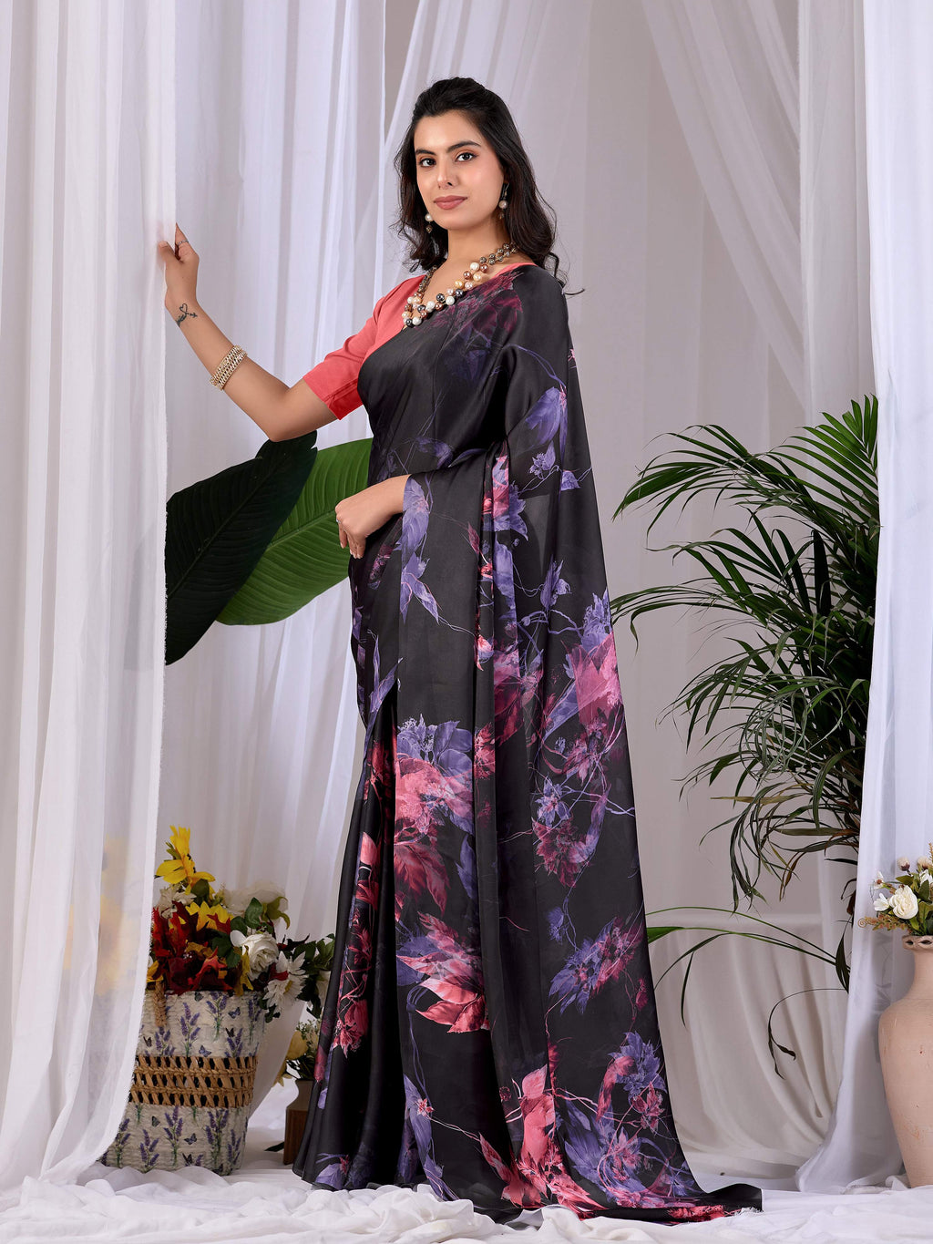 Aastha Fashion Black Soft Satin Georgette Printed Saree