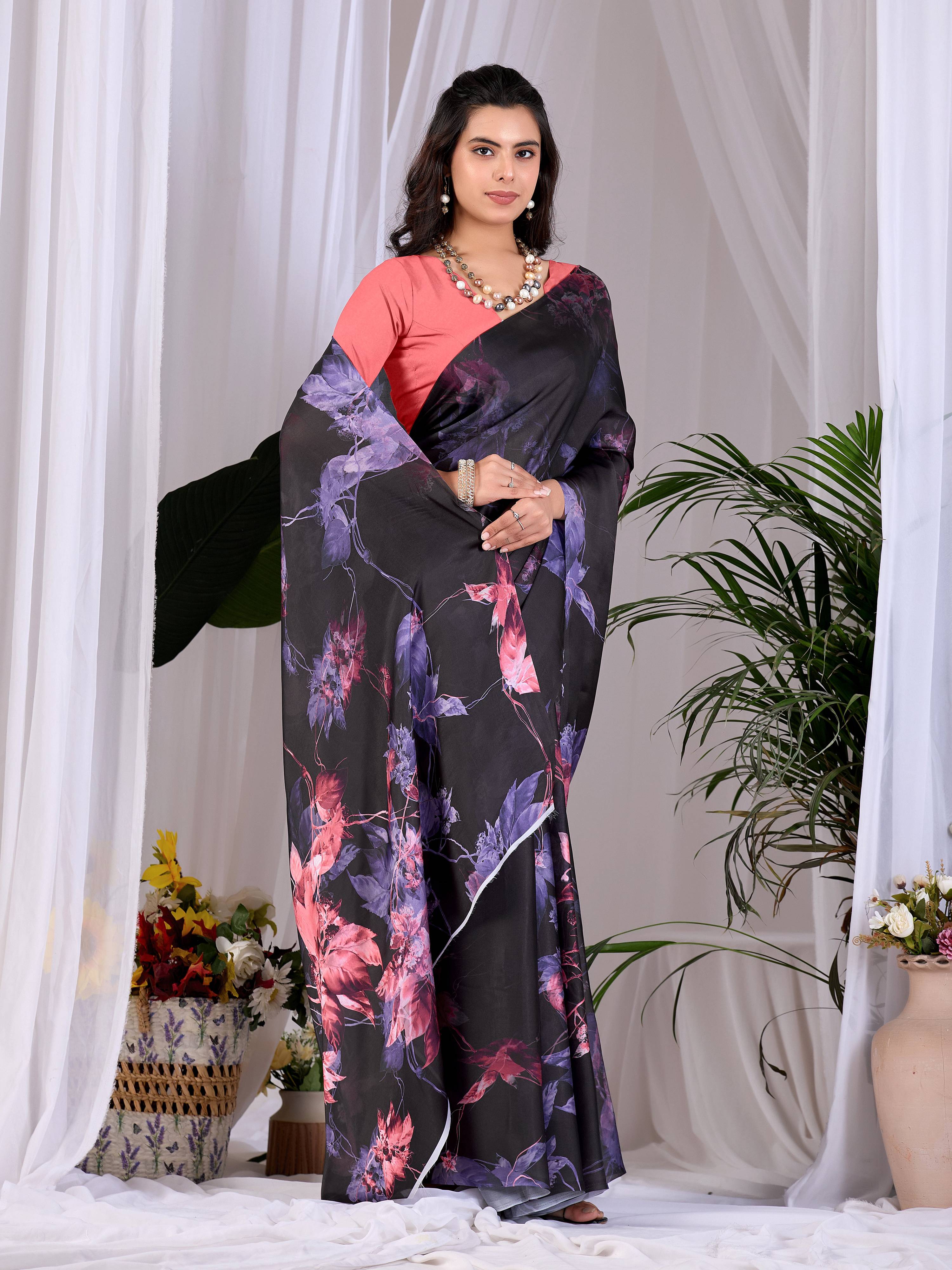 Aastha Fashion Black Soft Satin Georgette Printed Saree