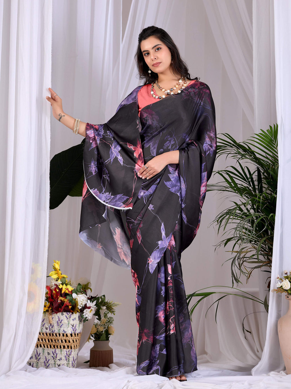 Aastha Fashion Black Soft Satin Georgette Printed Saree