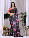 Aastha Fashion Black Soft Satin Georgette Printed Saree