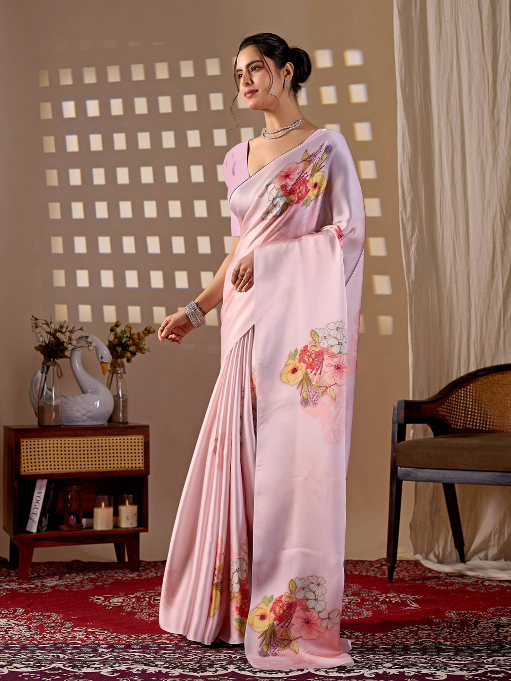 Aastha Fashion Light Pink Soft Satin Georgette Printed Saree