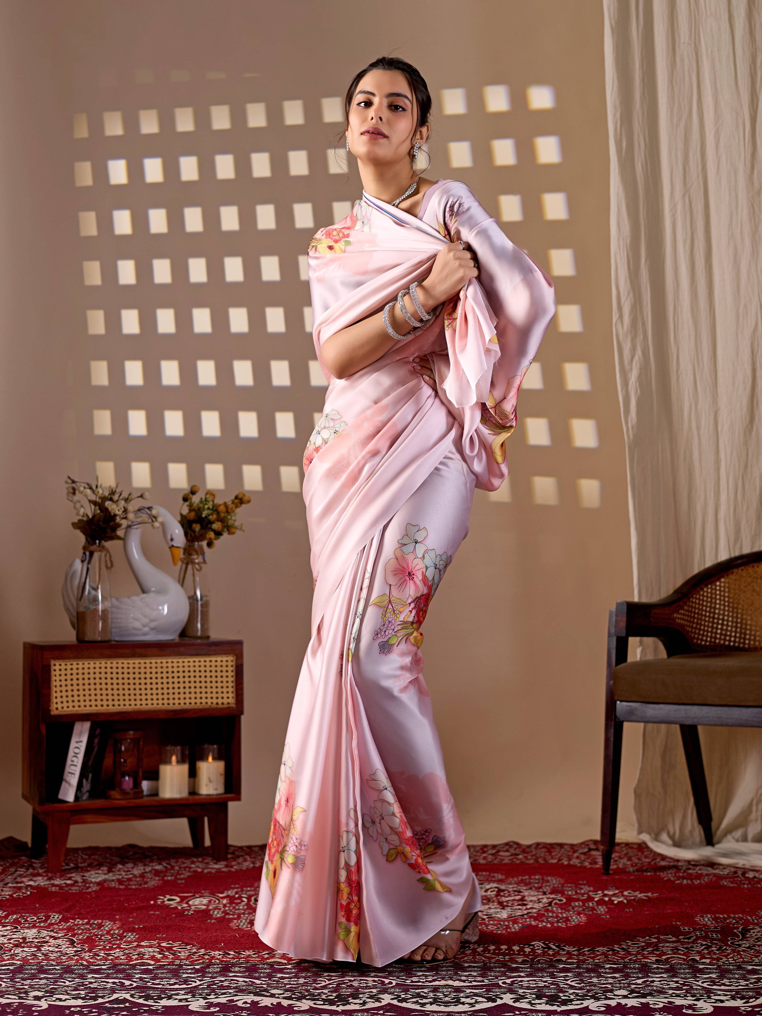 Aastha Fashion Light Pink Soft Satin Georgette Printed Saree