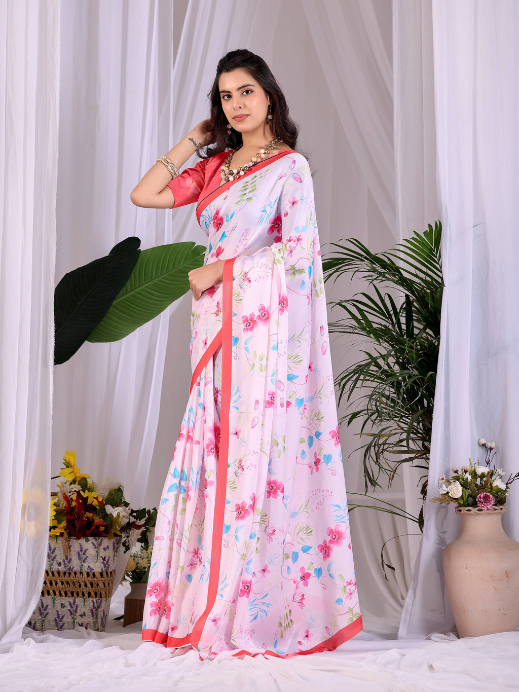 Aastha Fashion Pink Soft Satin Georgette Printed Saree