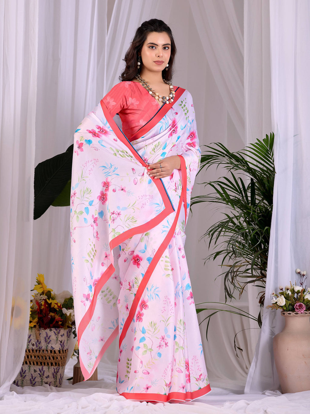 Aastha Fashion Pink Soft Satin Georgette Printed Saree
