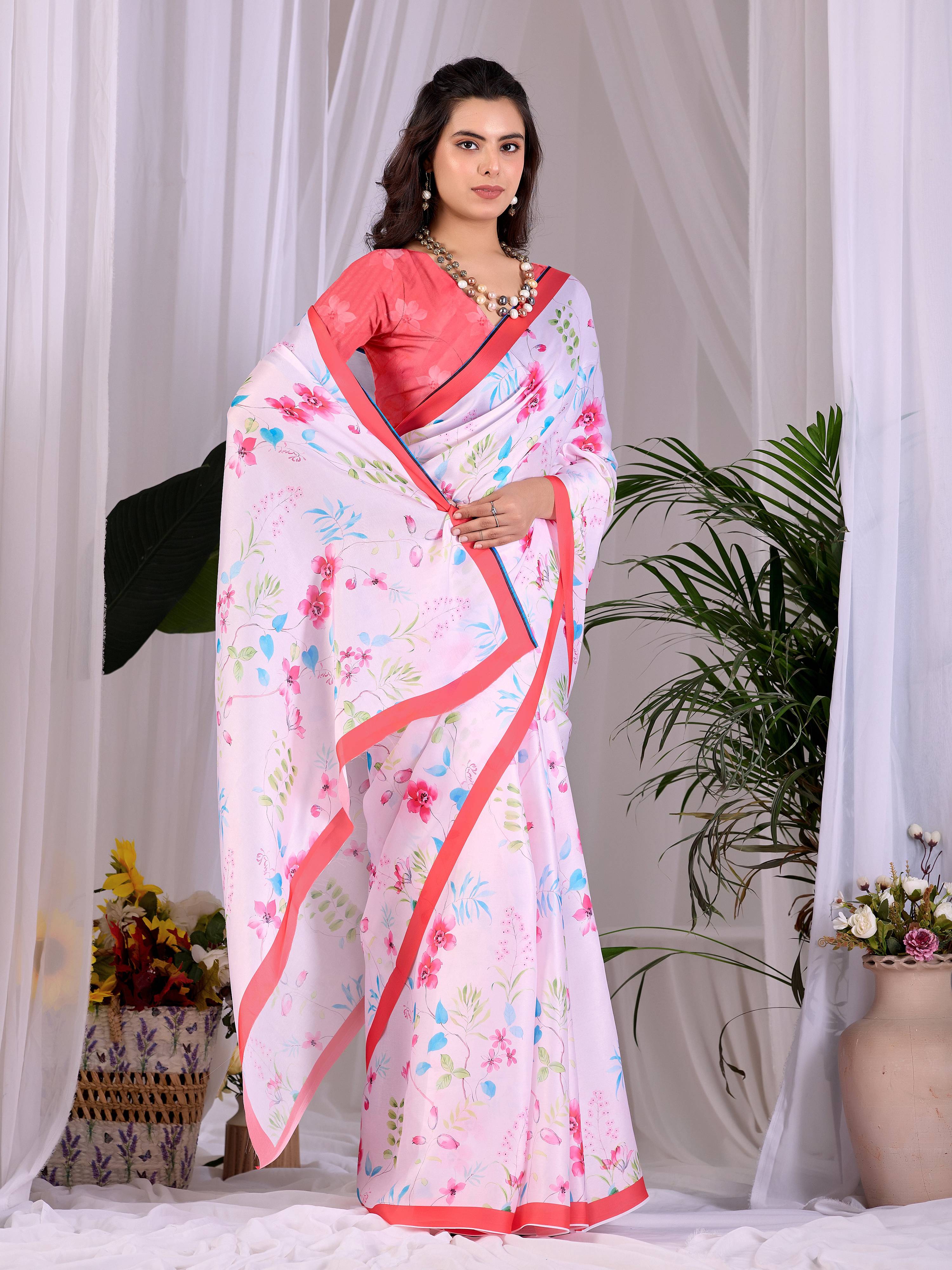 Aastha Fashion Pink Soft Satin Georgette Printed Saree