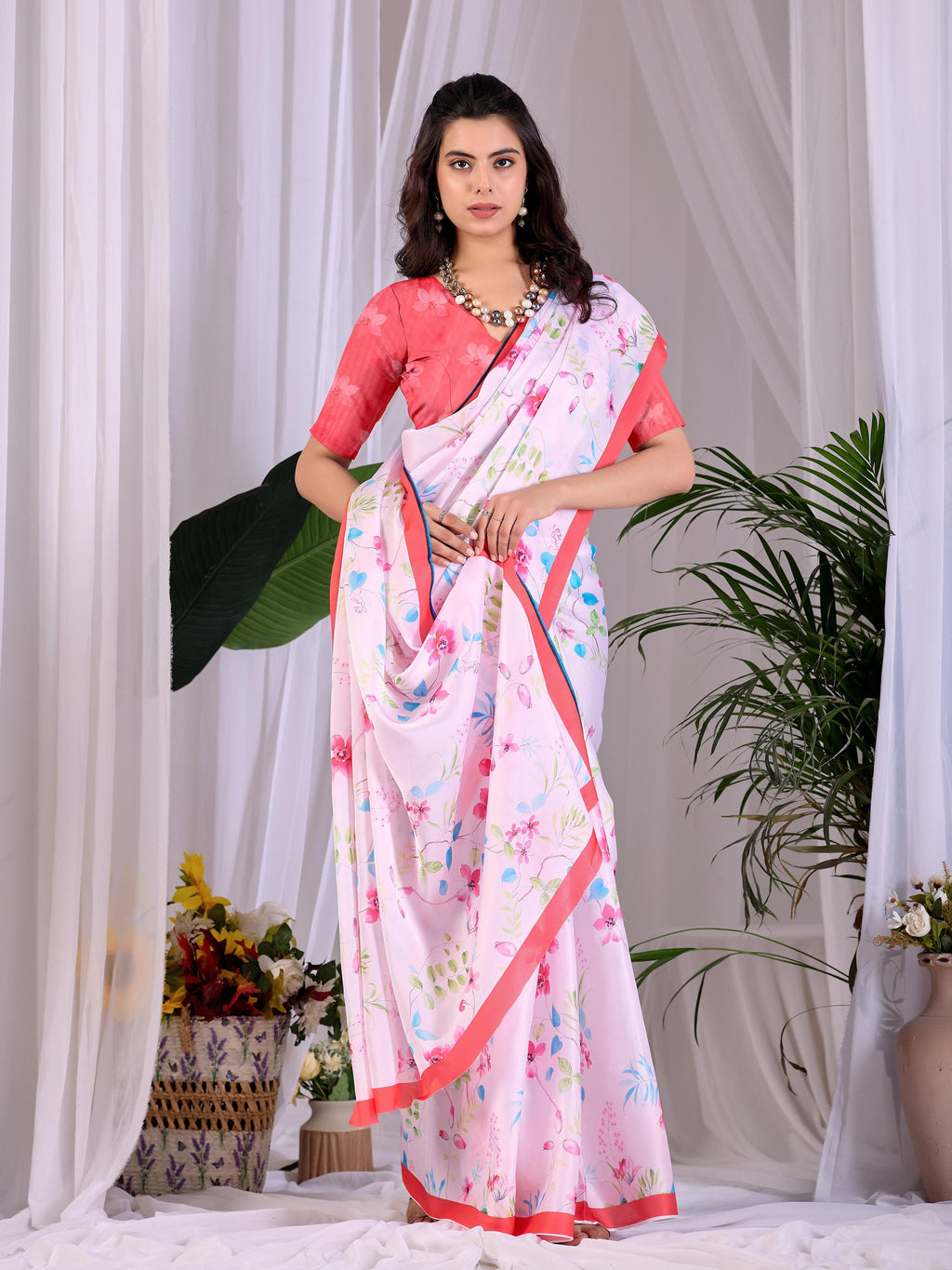 Aastha Fashion Pink Soft Satin Georgette Printed Saree