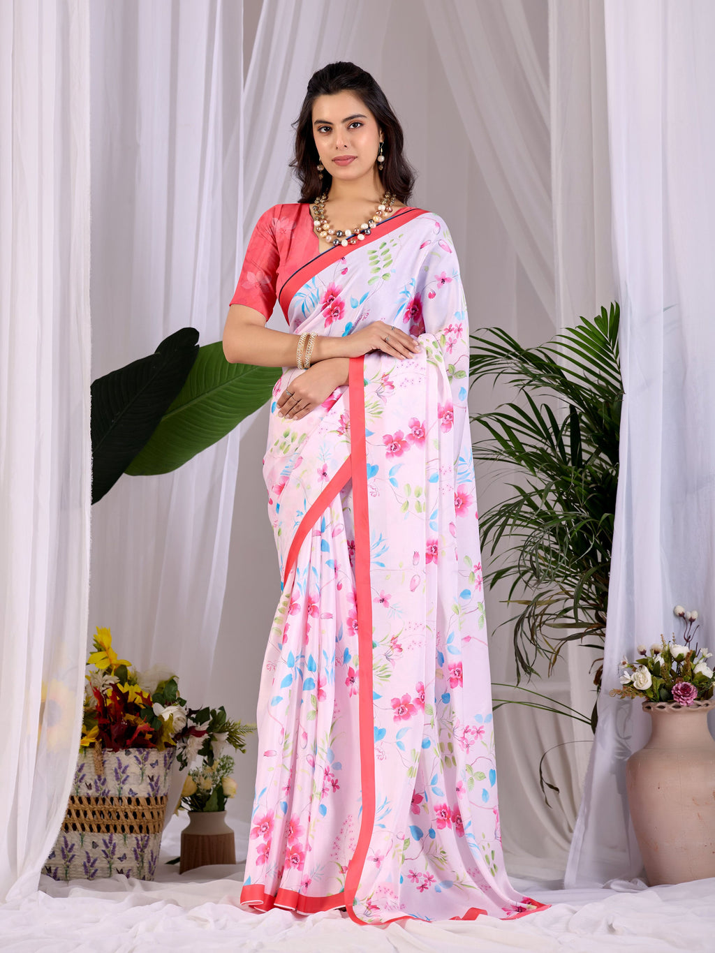 Aastha Fashion Pink Soft Satin Georgette Printed Saree