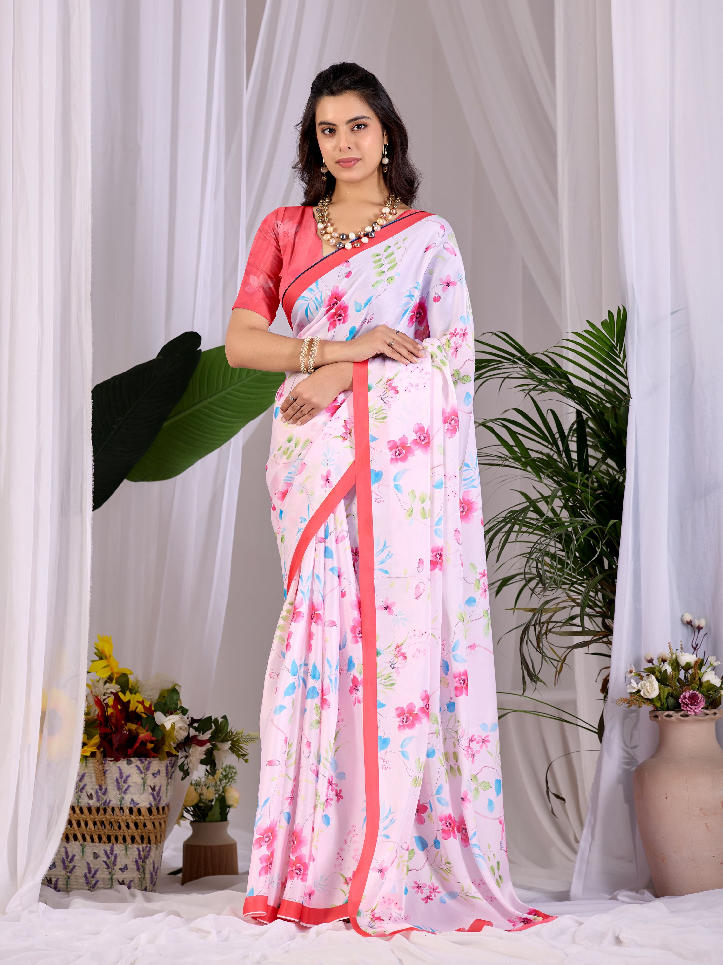 Aastha Fashion Pink Soft Satin Georgette Printed Saree