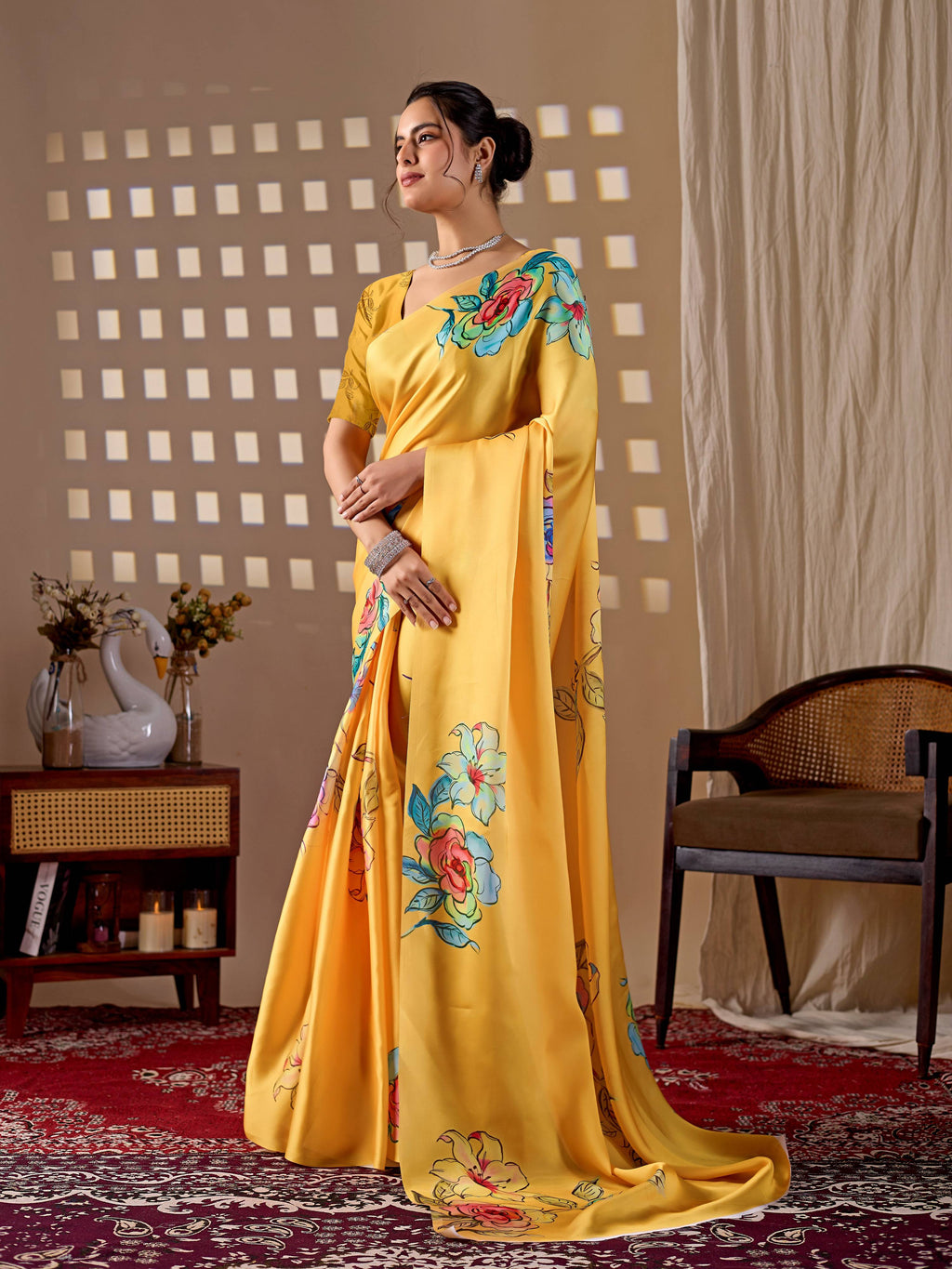 Aastha Fashion Yellow Soft Satin Georgette Printed Saree