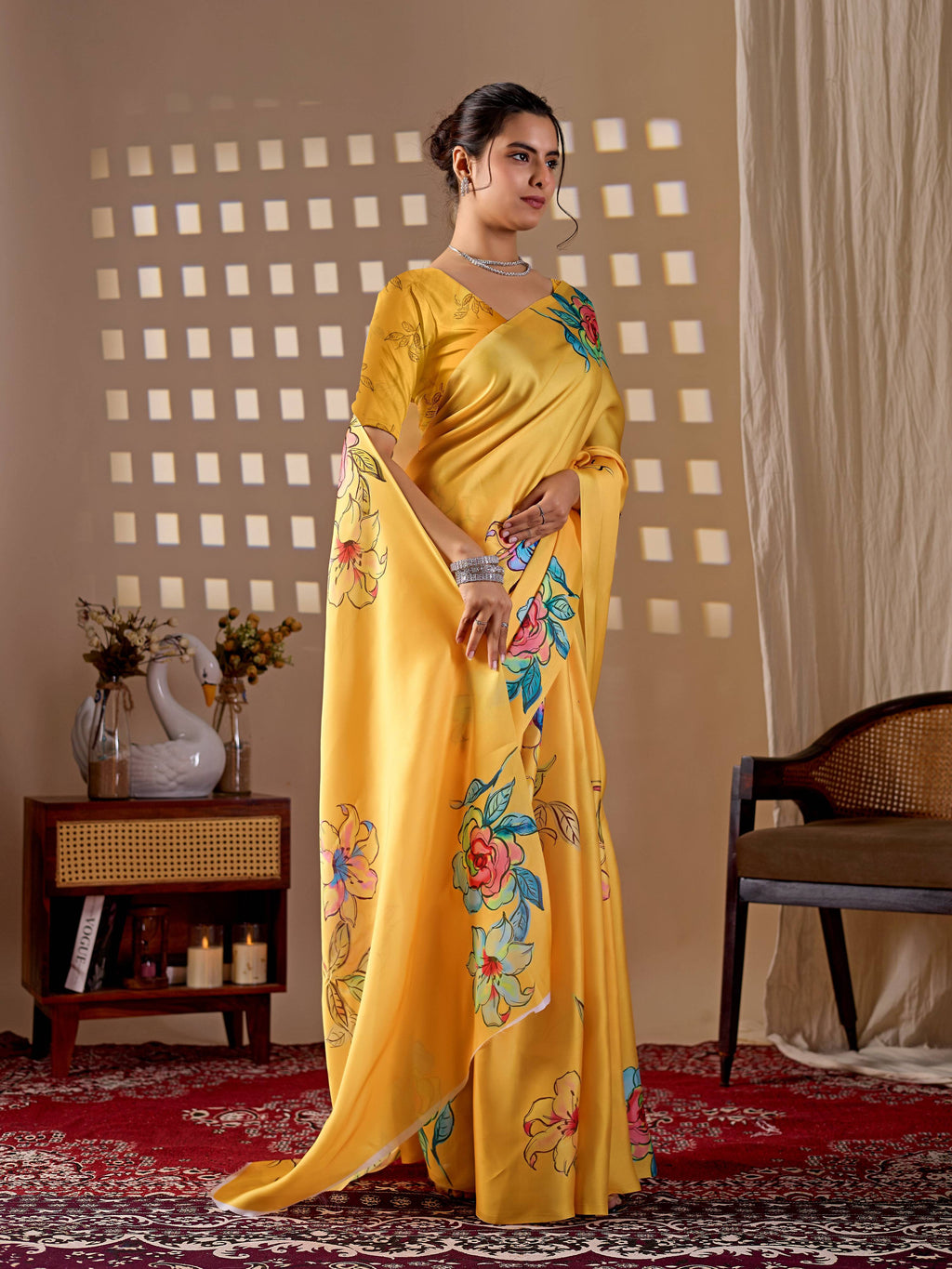 Aastha Fashion Yellow Soft Satin Georgette Printed Saree