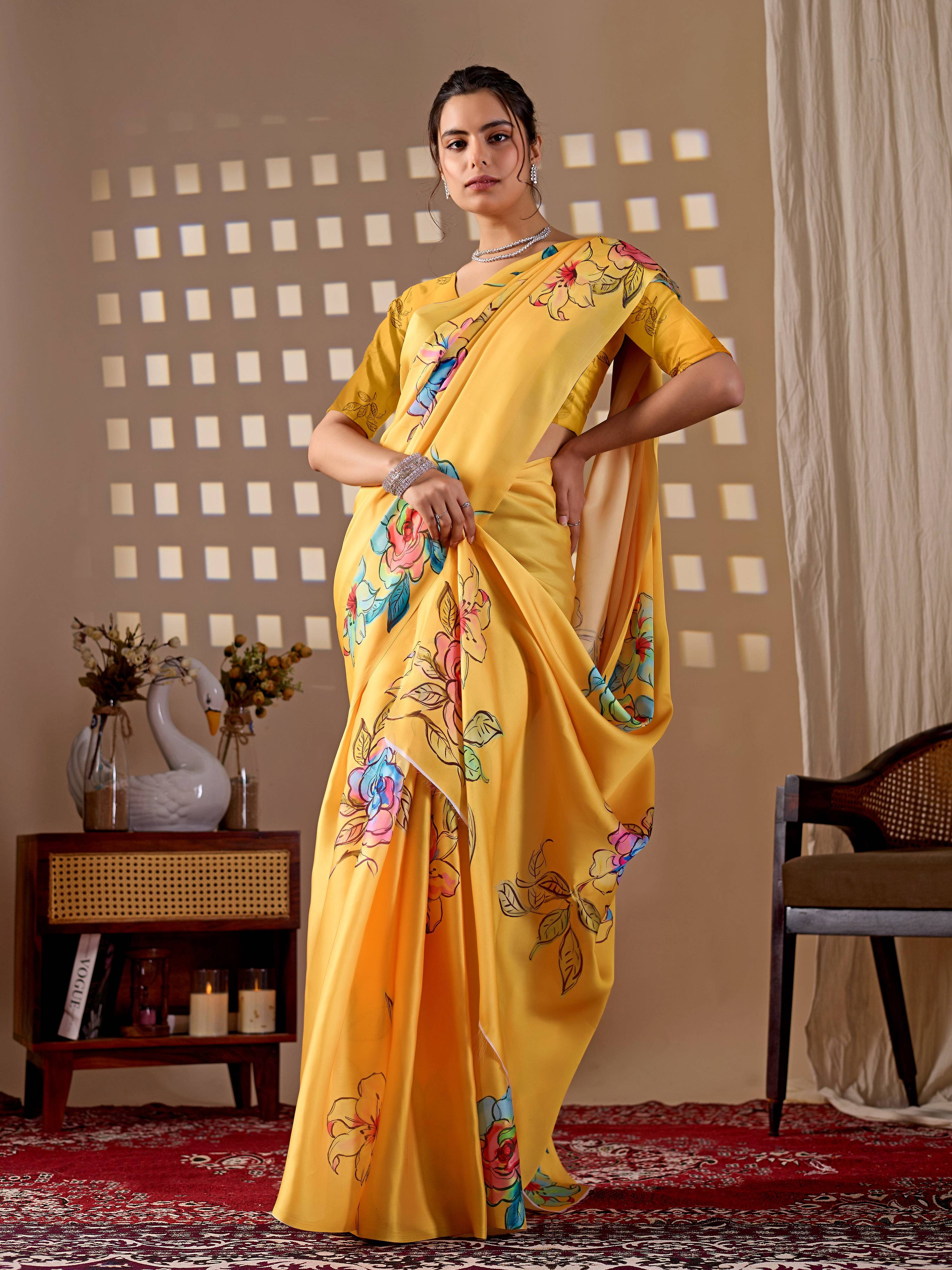 Aastha Fashion Yellow Soft Satin Georgette Printed Saree