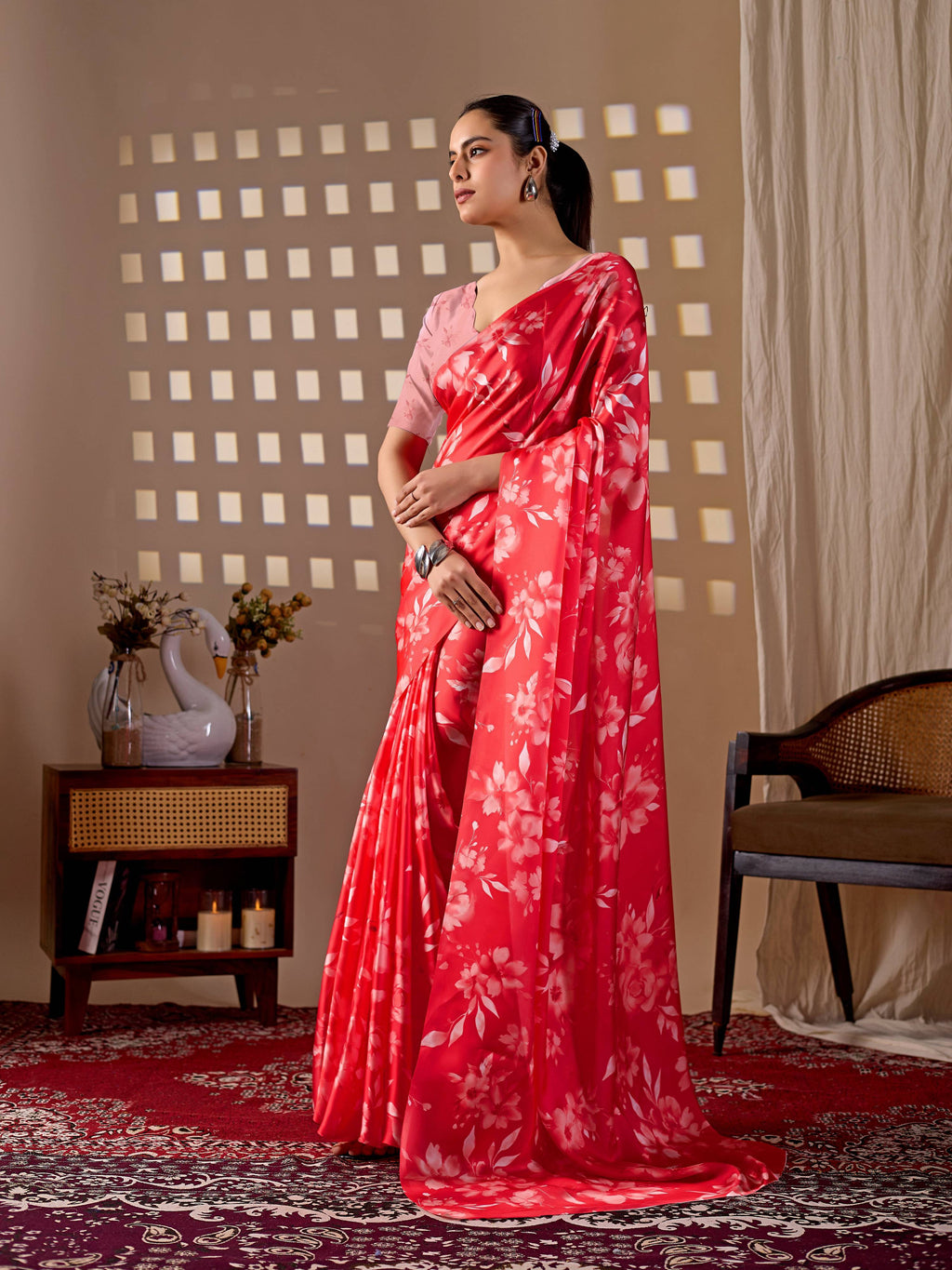 Aastha Fashion Red Soft Satin Georgette Printed Saree