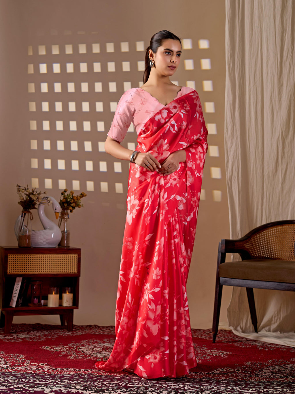 Aastha Fashion Red Soft Satin Georgette Printed Saree